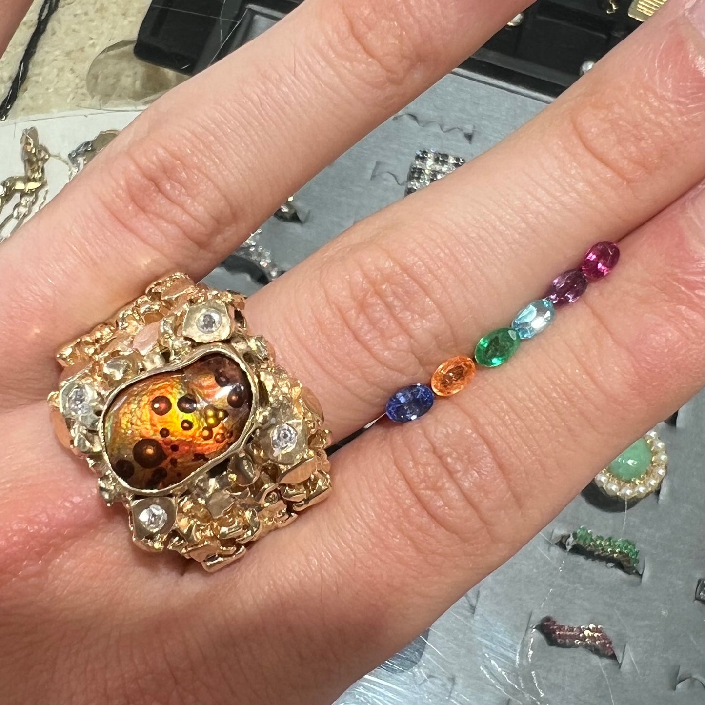 Men's Nugget Style Mexican Fire Agate & Diamond Statement Ring + Modification | 14kt Gold