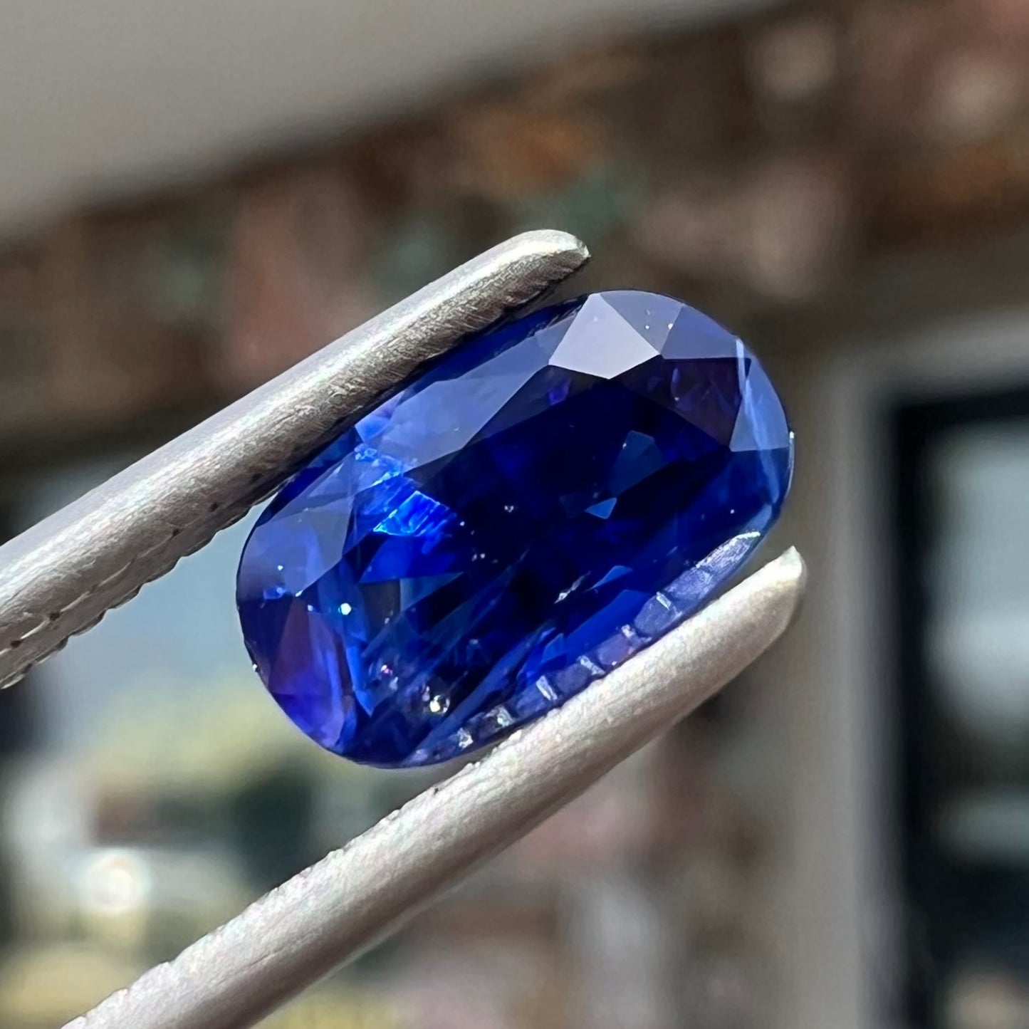 A loose, elongated oval cut blue sapphire gemstone.