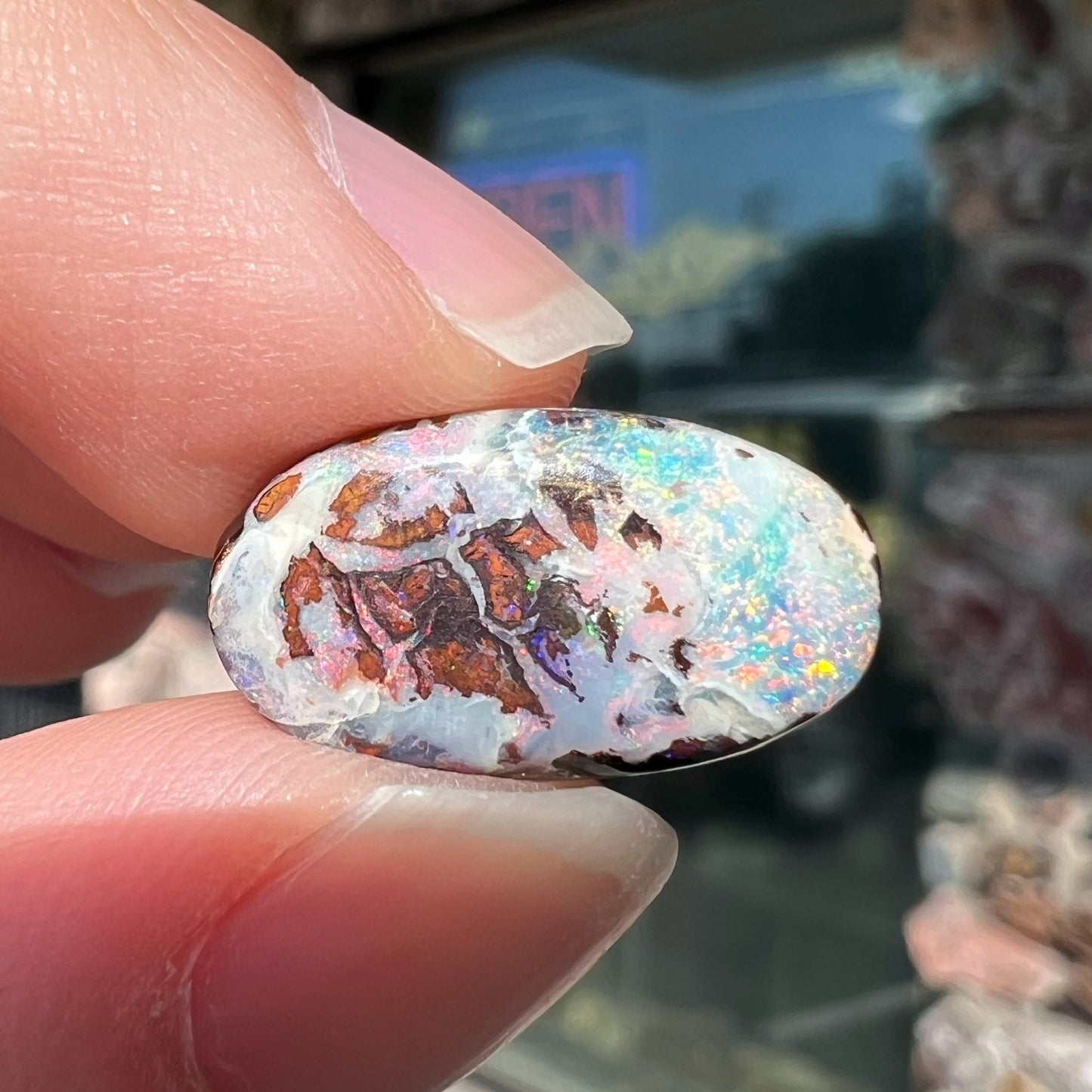 An oval cabochon cut boulder opal stone from Koroit, Australia. The opal has a white body tone.