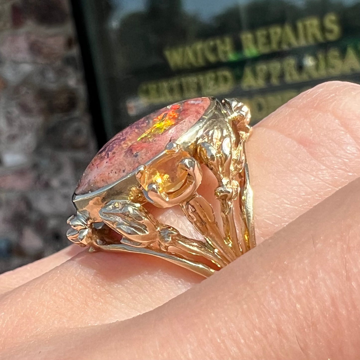 Melyza | Estate Cantera Fire Opal Solitaire Ring in 10kt Gold