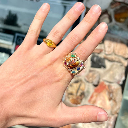 Men's Nugget Style Mexican Fire Agate & Diamond Statement Ring + Modification | 14kt Gold