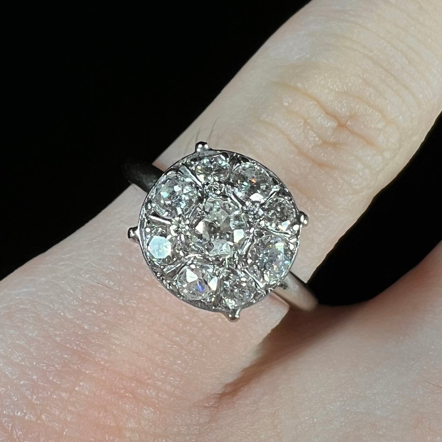 Edwardian Euro Cut Diamond Cluster Ring in 14kt White Gold, c.1910's