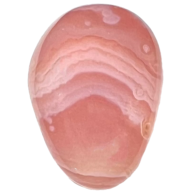 A tumbled banded apricot agate stone.  The stone is transluscent, light peachy pink, and has white striped banding.