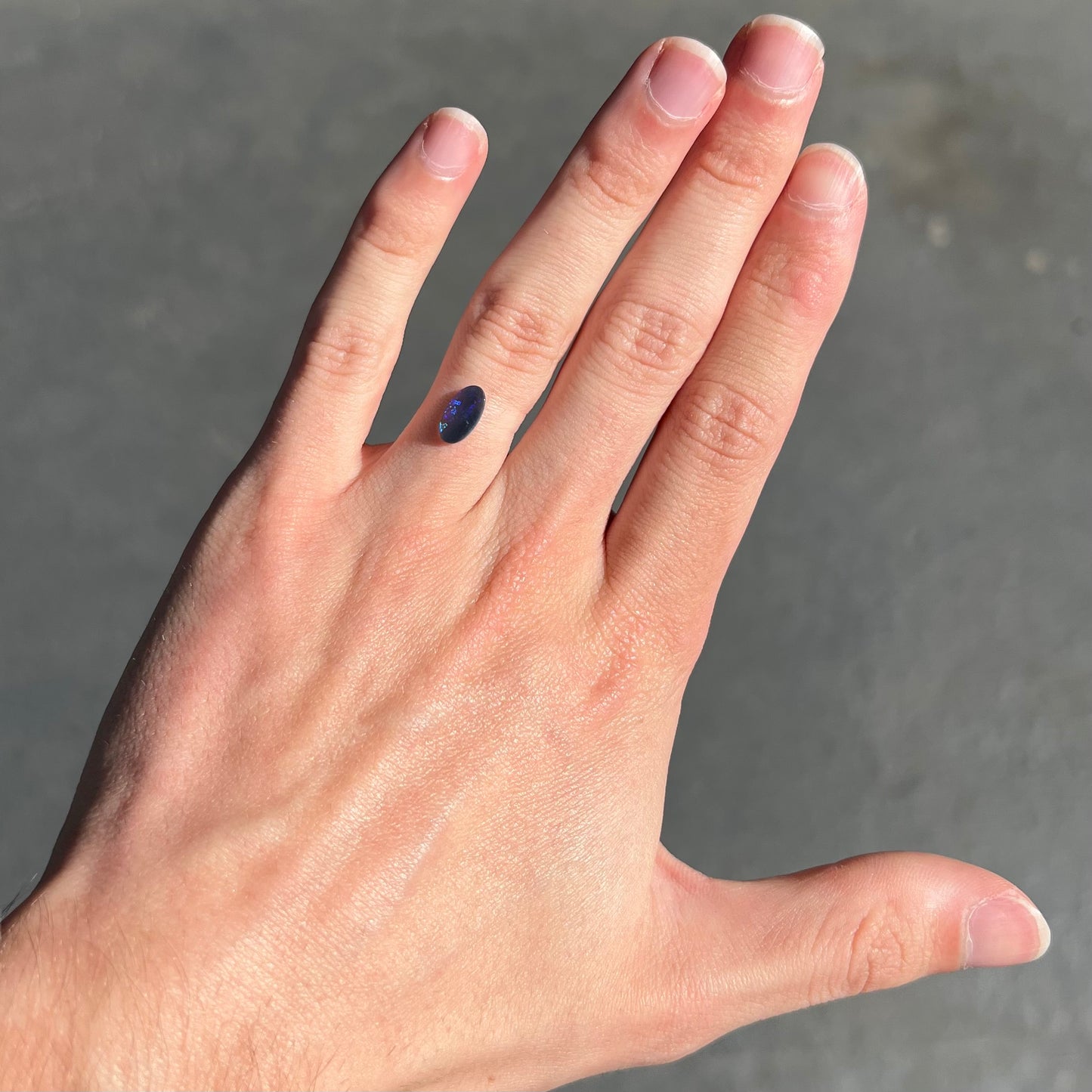 A loose, oval cabochon cut black opal stone from Lightning Ridge, Australia. The opal has blue color play.