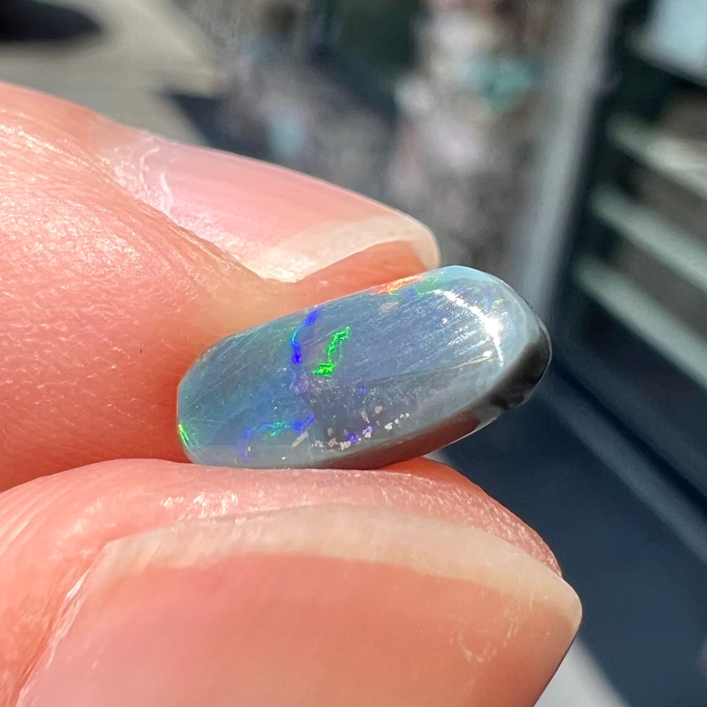 A loose black opal from Lightning Ridge, Australia.  The opal shines colors of red, green, and blue.