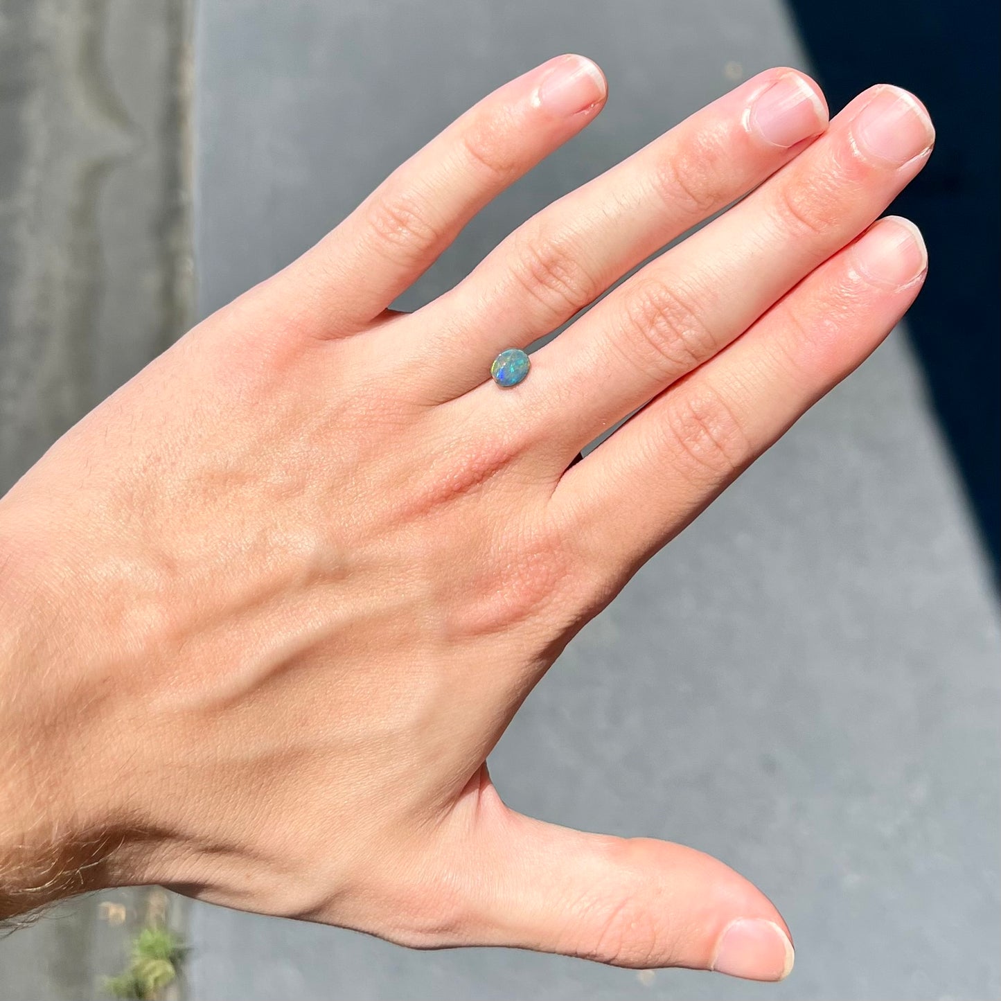 A loose oval cabochon cut black opal from Lightning Ridge, Australia. The opal shows green and red colors.
