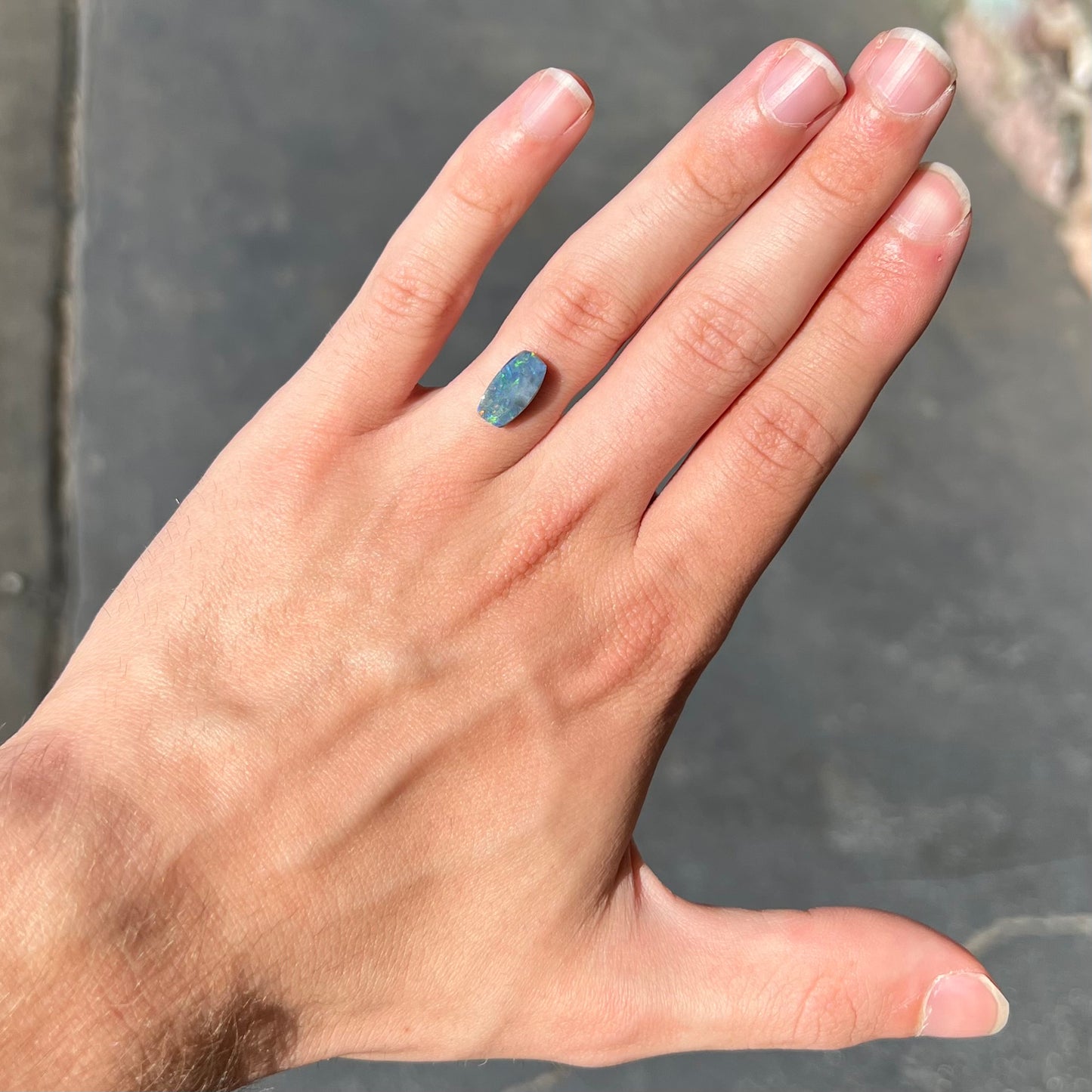 A loose 1.76ct barrel shaped black opal stone from Lightning Ridge, Australia. The opal has a rainbow of colors.