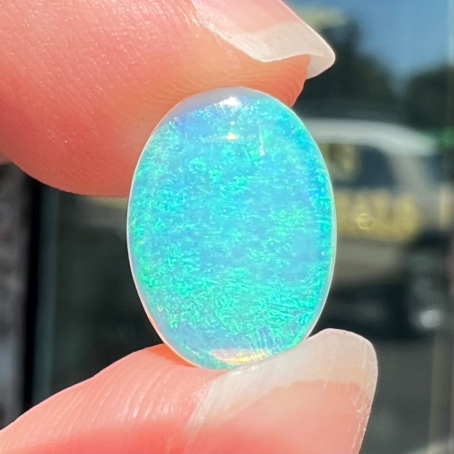 A loose, oval cabochon cut crystal opal from Coober Pedy, Australia. The opal has green and blue colors.