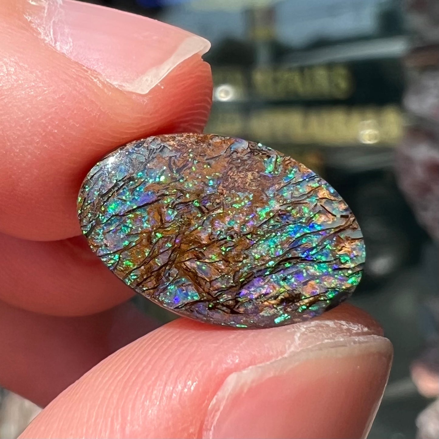 A loose, oval cabochon cut matrix boulder opal stone from Koroit, Australia. The opal shines with green and blue colors.
