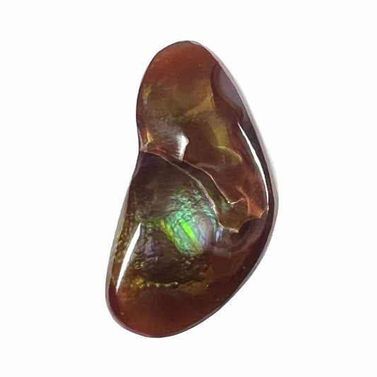 A loose, boomerang shaped fire agate cabochon.  The stone displays greens, purples, blues, and reds.