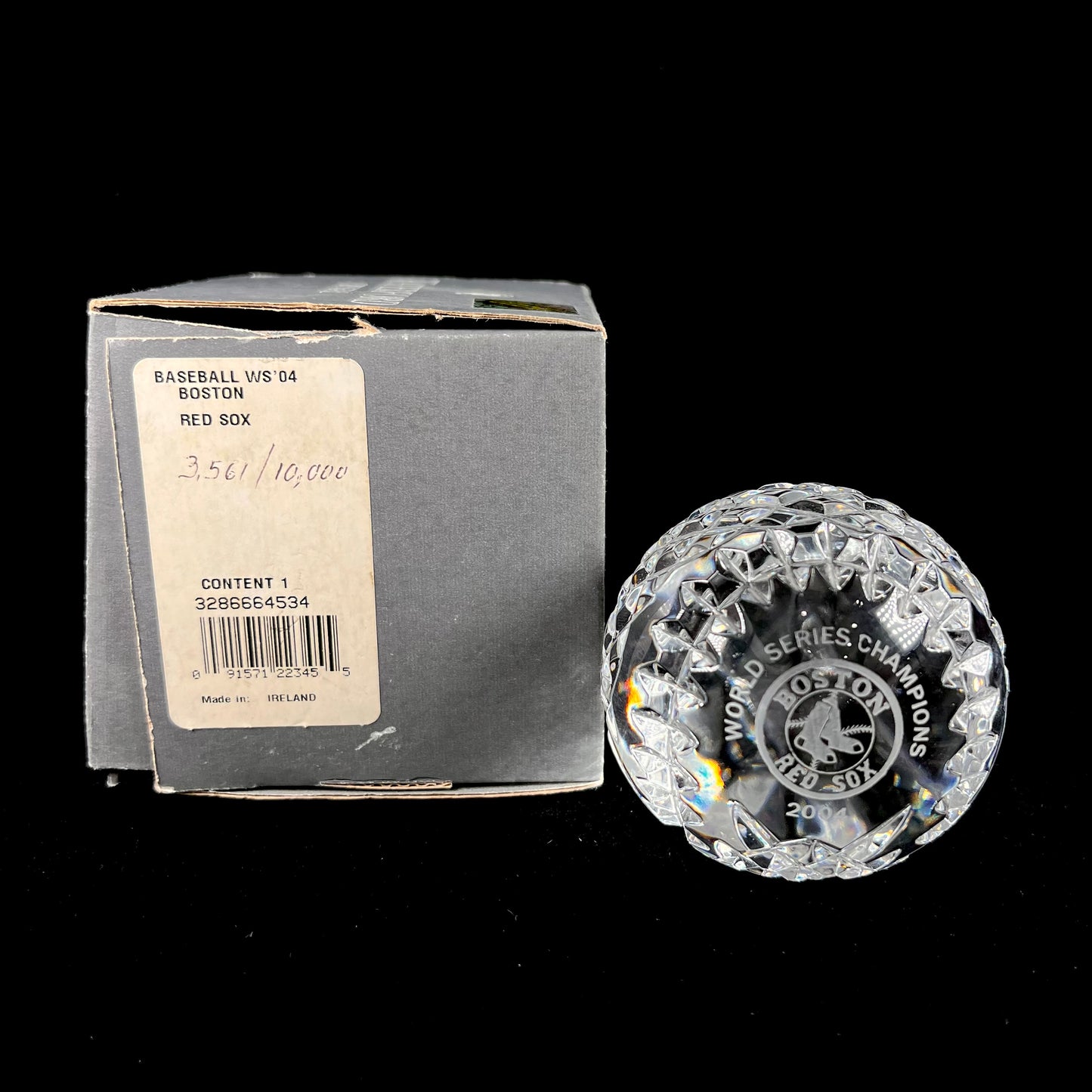 A baseball made from Waterford Crystal commemorating the Boston Red Sox 2004 World Series Championship.