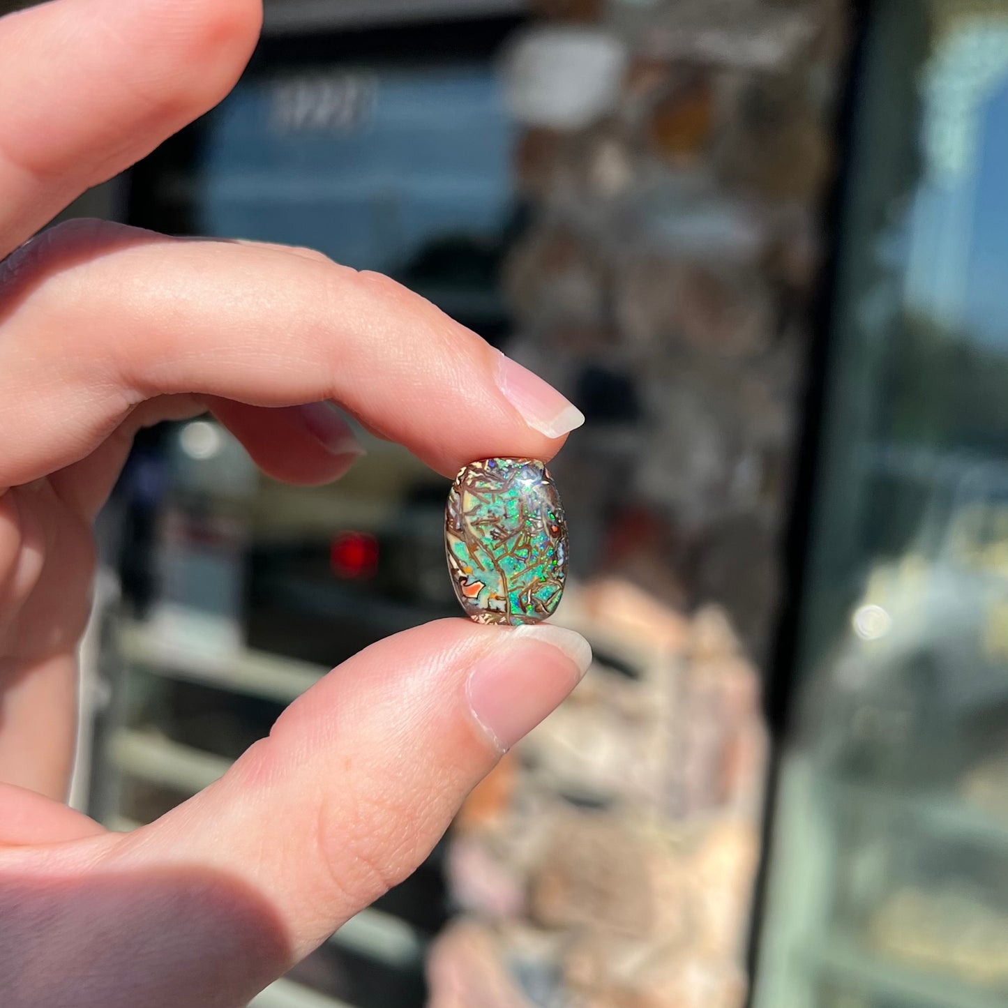 A barrel shaped boulder matrix opal from Koroit, Australia. The opal has blue fire.