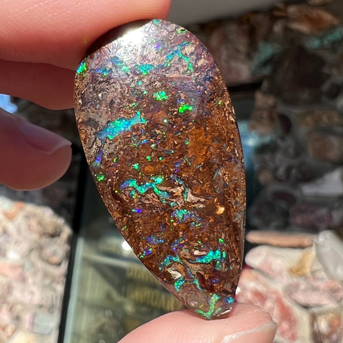 A pear shaped boulder opal stone from Koroit, Australia. The opal has blue and green flashes.