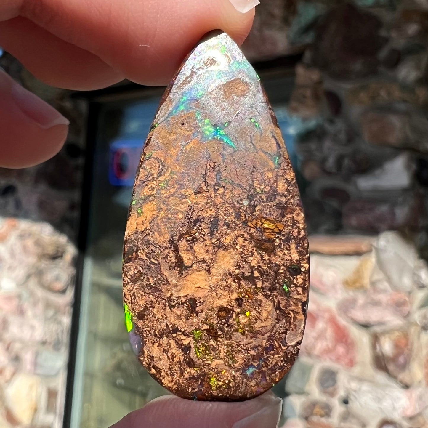A pear shaped boulder opal stone from Koroit, Australia. The opal has blue and green flashes.