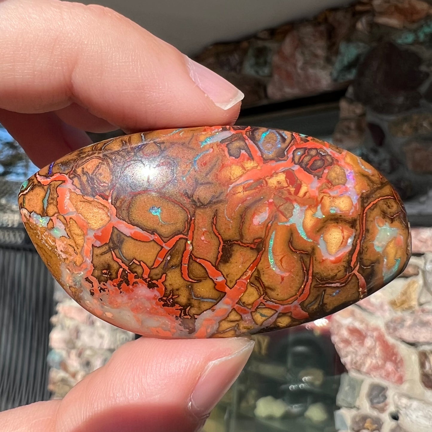 A polished boulder opal stone from Koroit, Australia. The stone has been drilled with a bead hole.