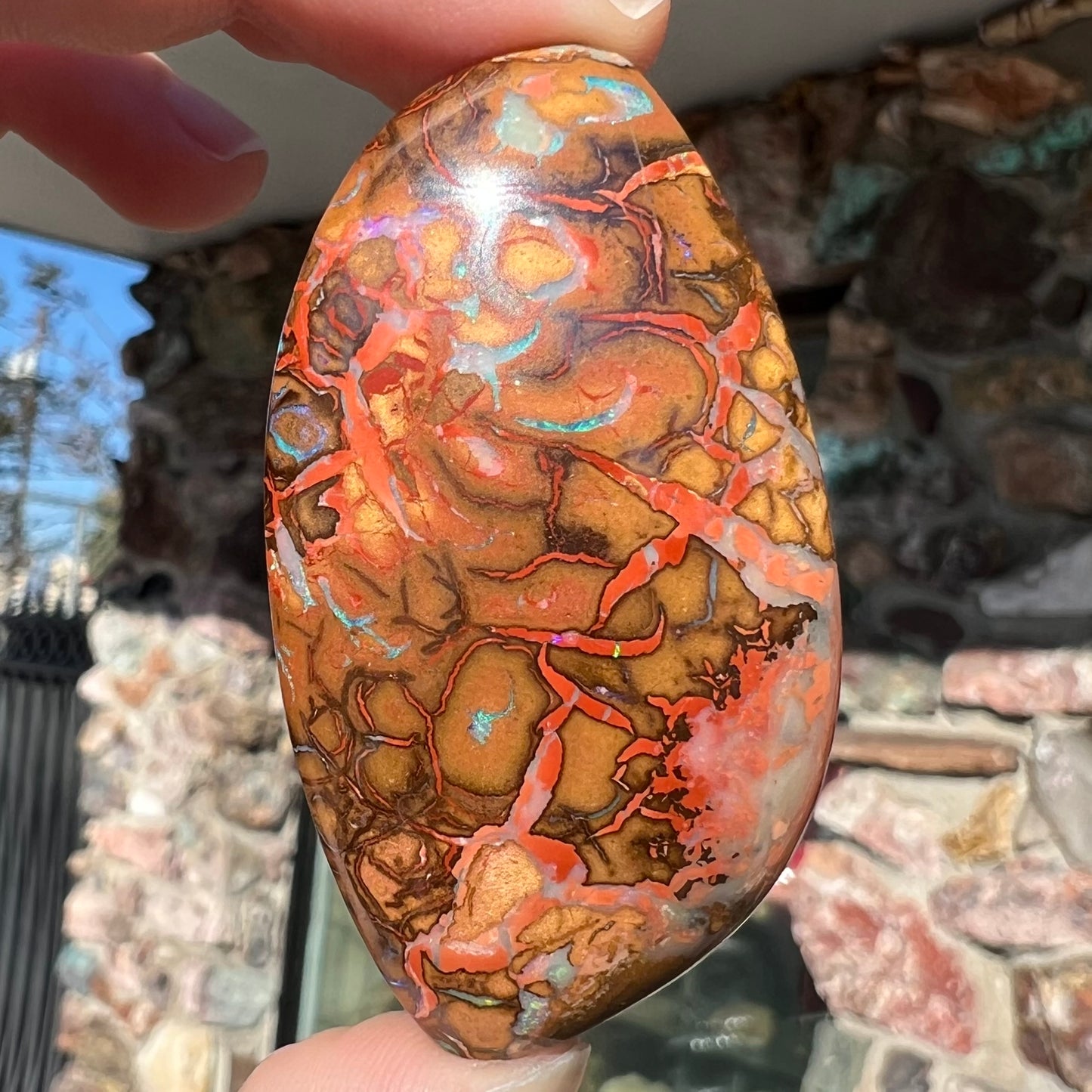A polished boulder opal stone from Koroit, Australia. The stone has been drilled with a bead hole.