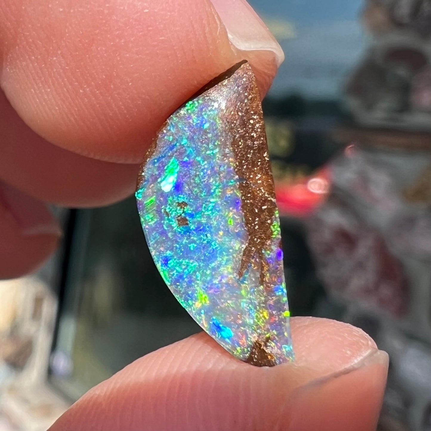 A freeform shaped boulder opal stone from Quilpie, Australia. The opal has bright blue and green play of color.