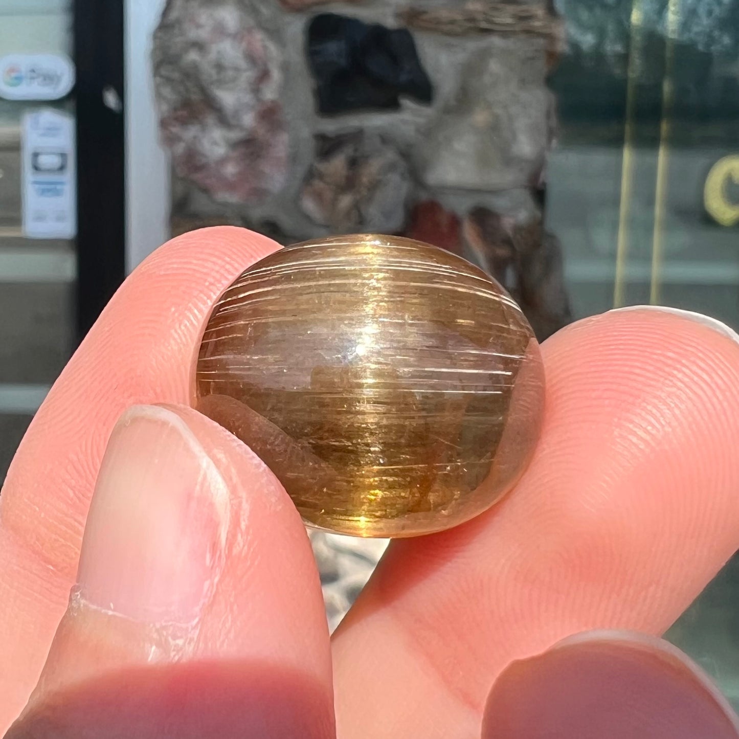 A loose, golden brown cat's eye dravite tourmaline gemstone. The stone is cut into an oval shaped cabochon.