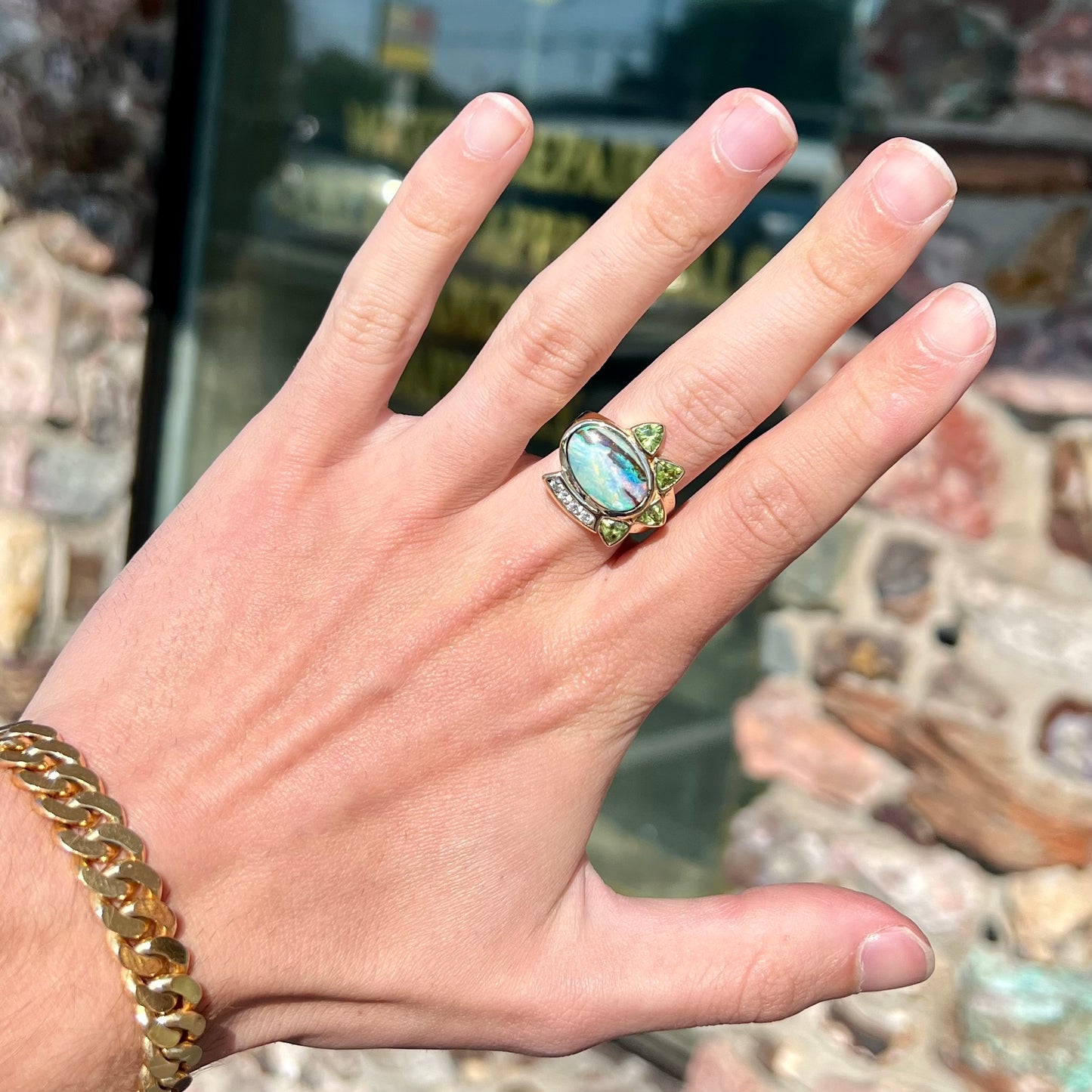 Dina | Custom Opalized Wood & Peridot Ring in 14kt Gold
