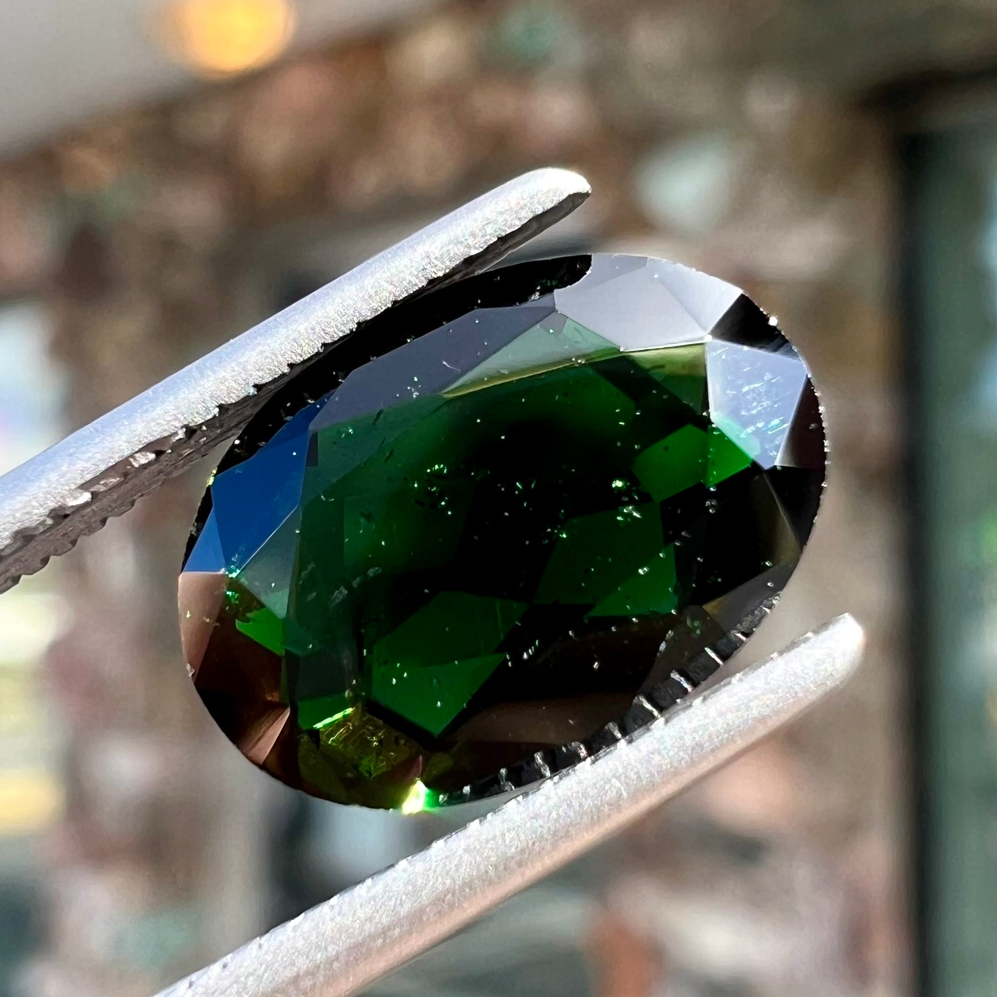 A faceted oval cut chrome tourmaline gemstone.  The stone is dark green.