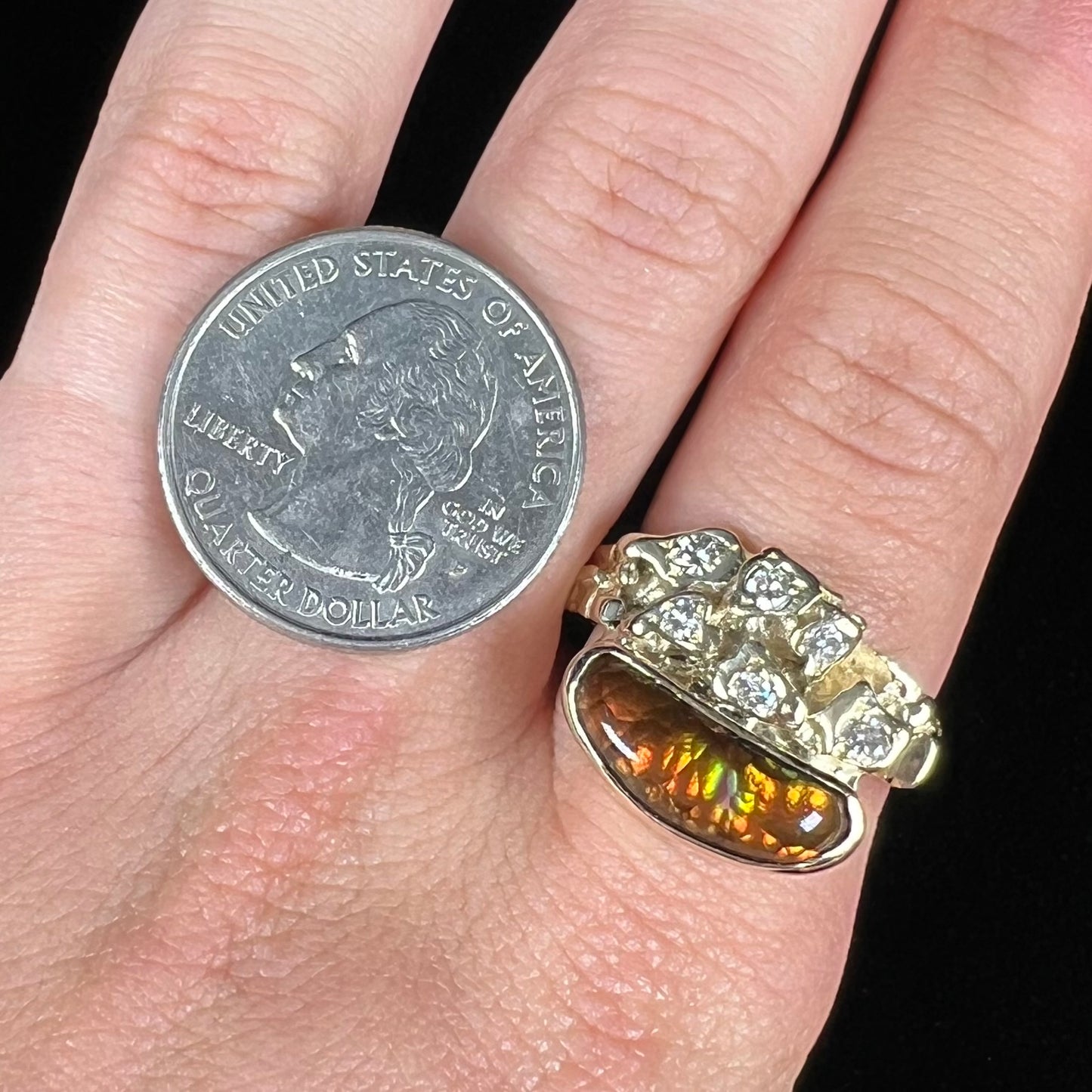 A ladies' nugget style yellow gold Mexican fire agate and diamond ring.