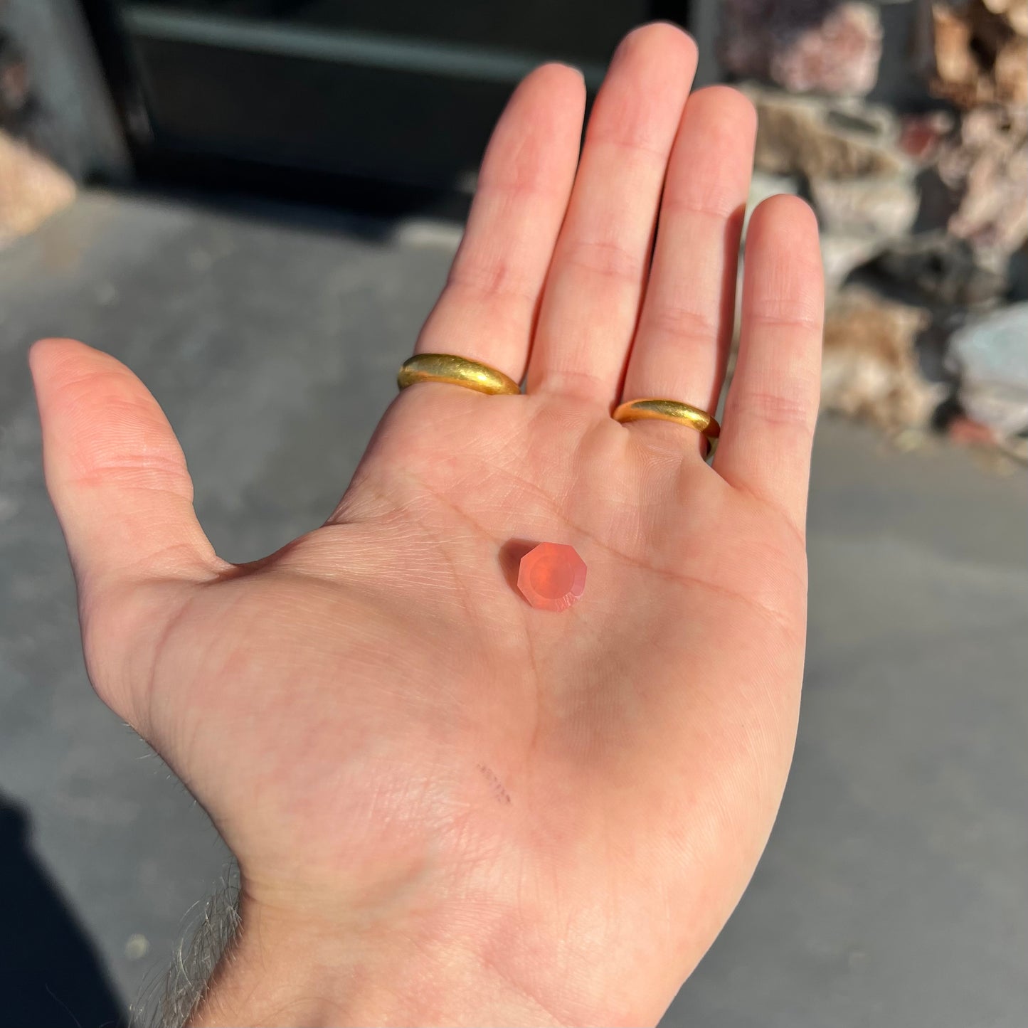A faceted, octagon cut pink fire opal from Mexico.