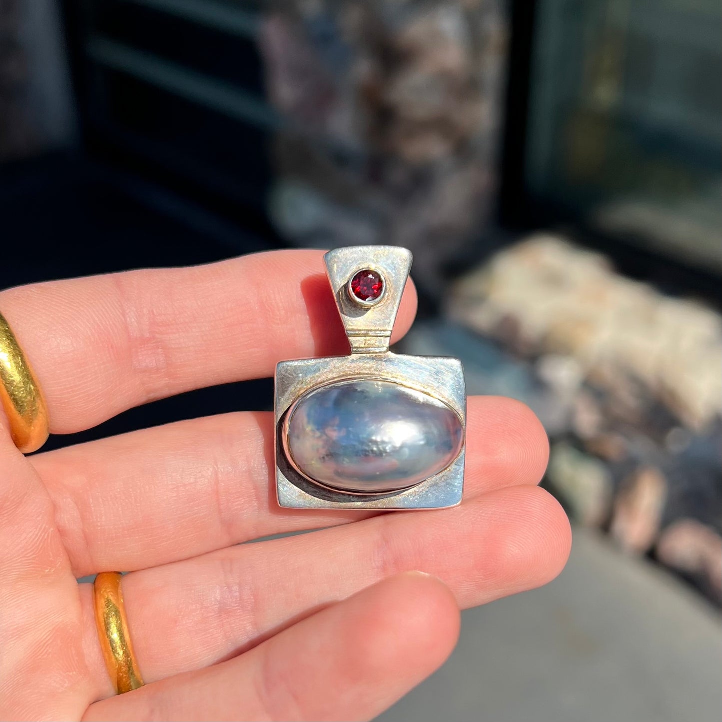 Black Mabe Pearl & Garnet Pendant | Estate