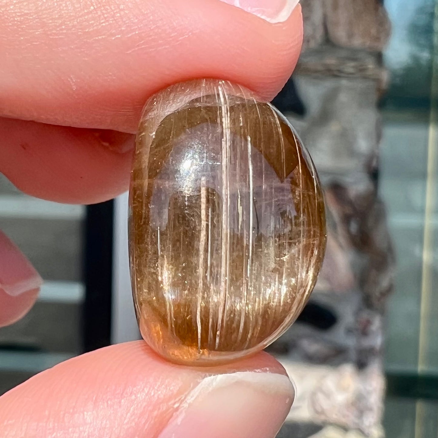 A loose, golden brown cat's eye dravite tourmaline gemstone. The stone is cut into an oval shaped cabochon.