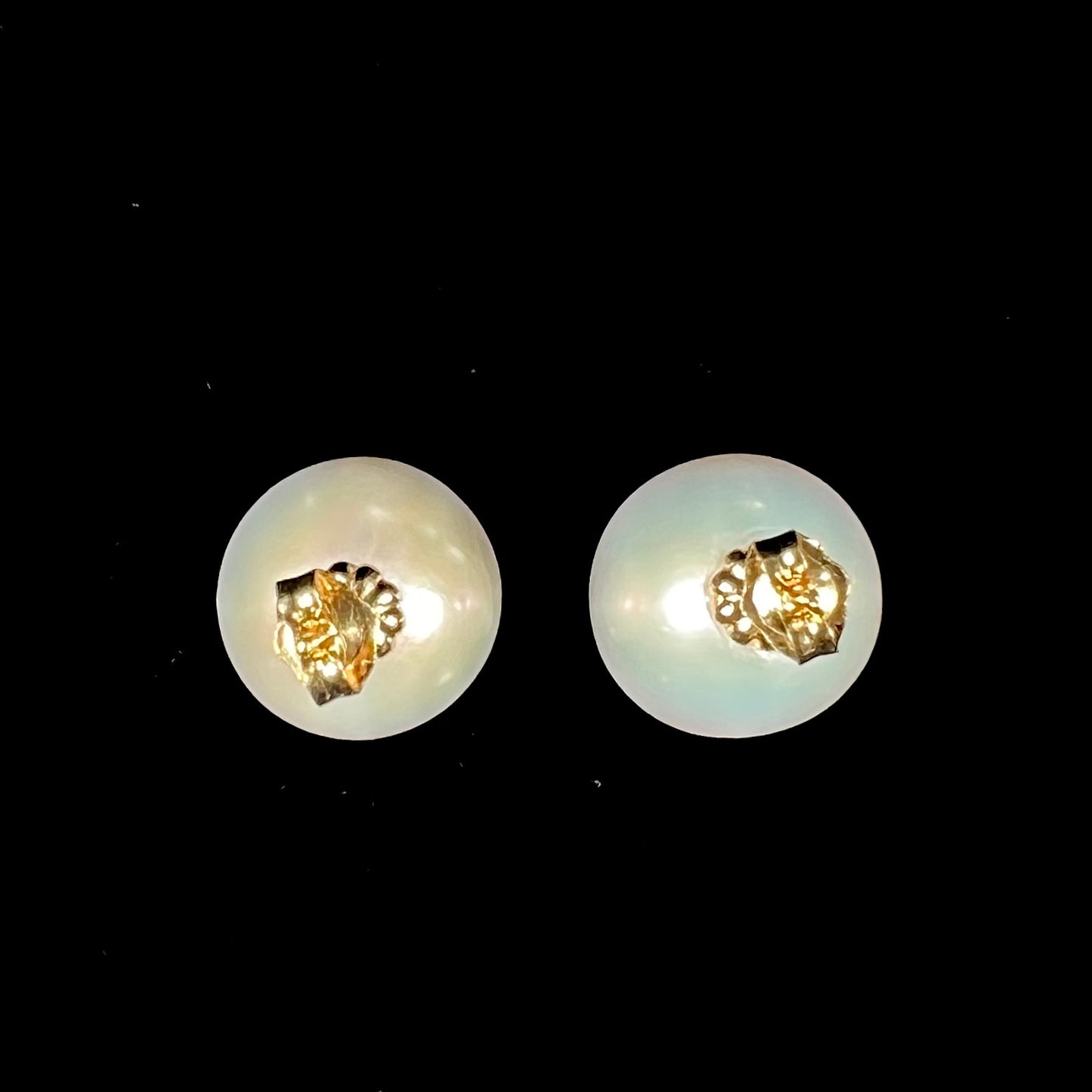 A pair of white South Seas pearl earrings with yellow gold push back friction posts.