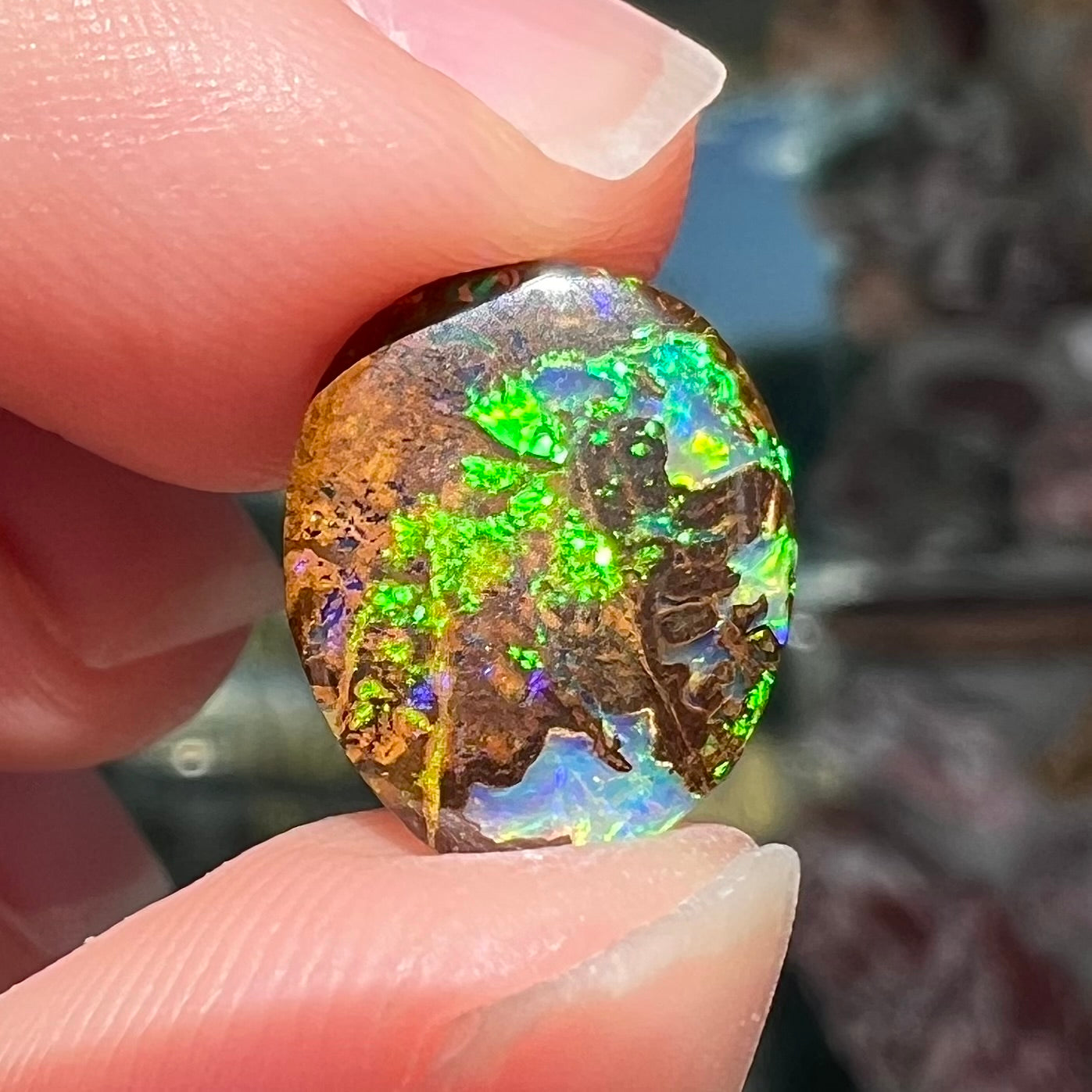 A bright green boulder opal stone from Koroit, Australia.