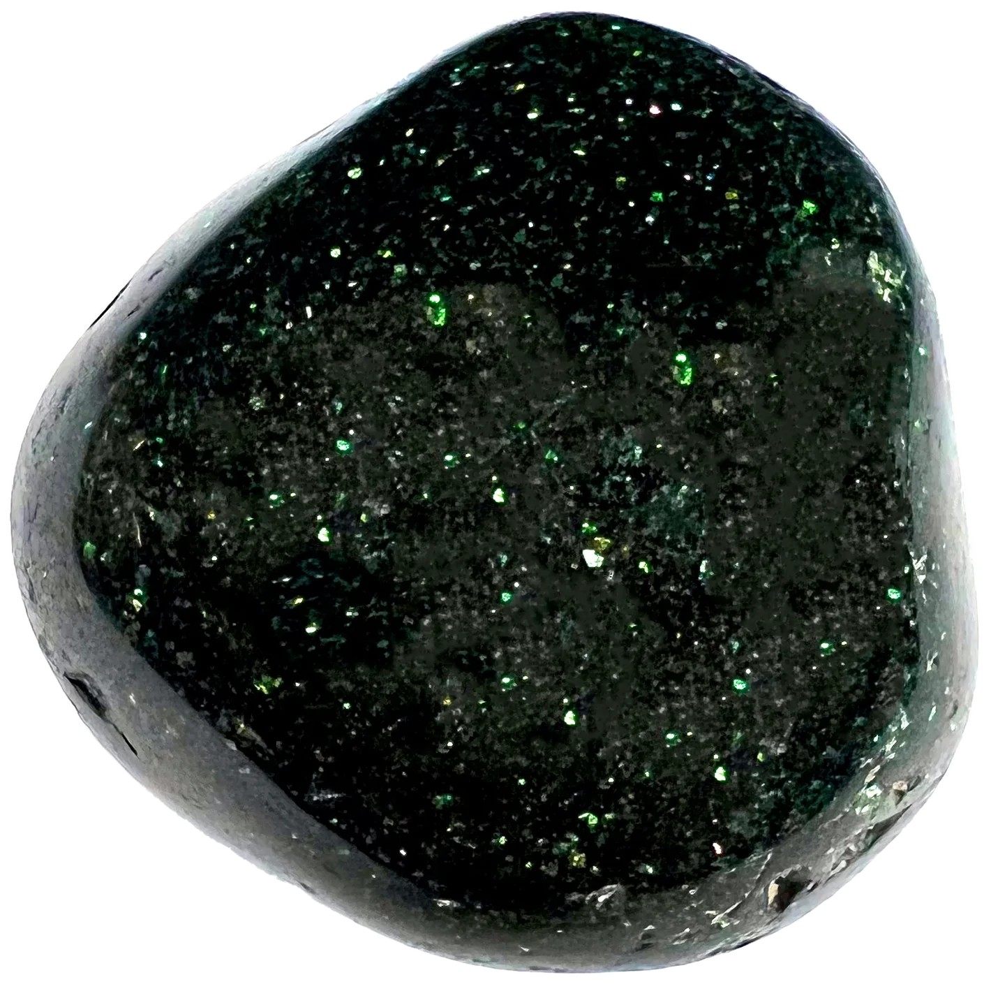 A tumble polished piece of green goldstone glass.  The stone is black with green sparkle flashes.