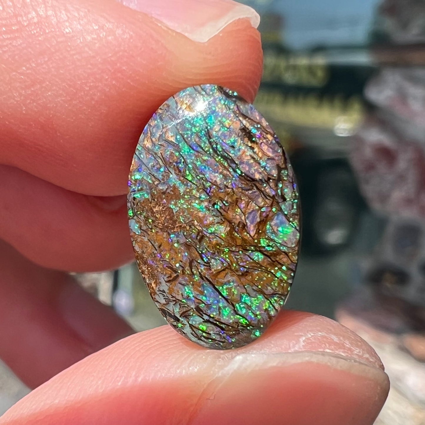 A loose, oval cabochon cut matrix boulder opal stone from Koroit, Australia. The opal shines with green and blue colors.