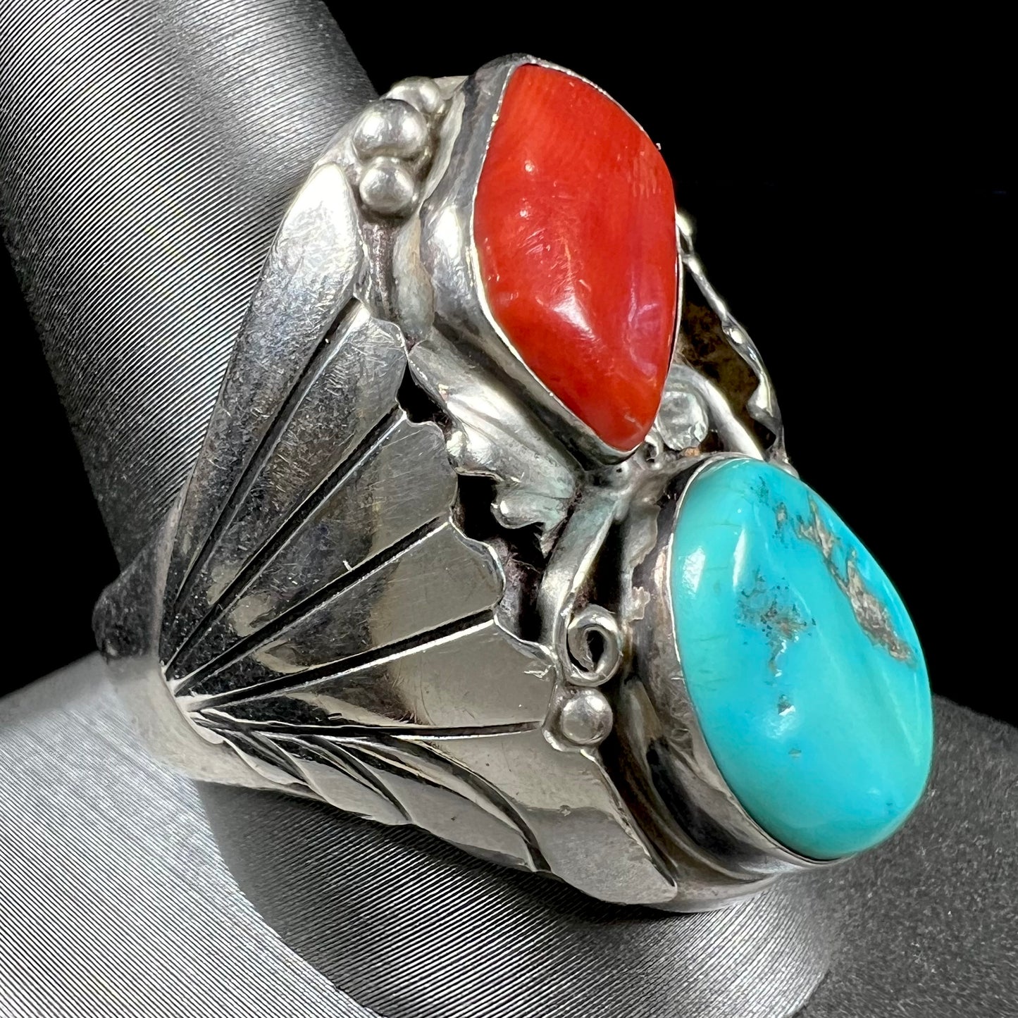 Men's Navajo Turquoise & Coral Ring in Sterling Silver | Vintage c.1960's