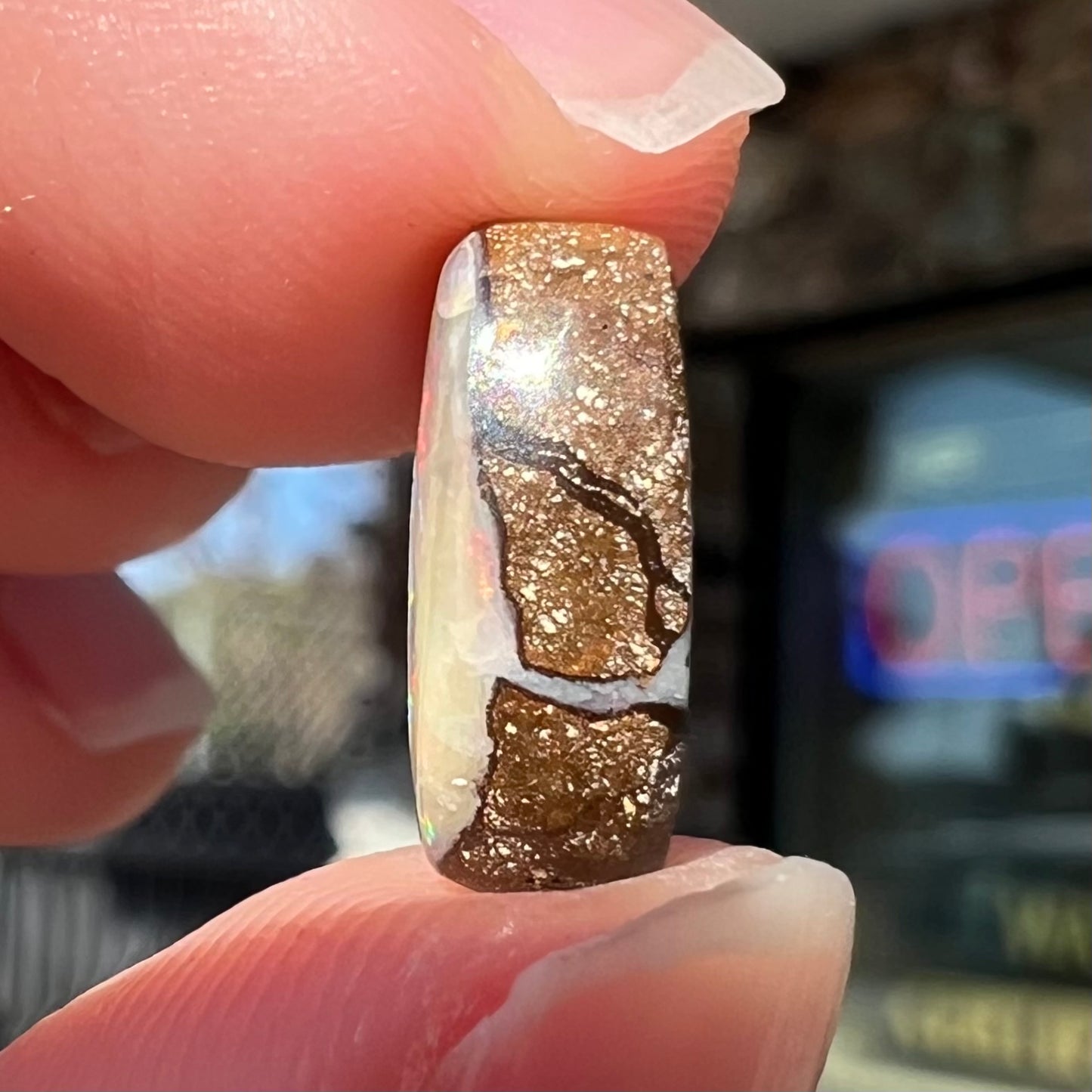 An oval cabochon cut boulder opal from Quilpie, Australia. The opal has multicolor color play.