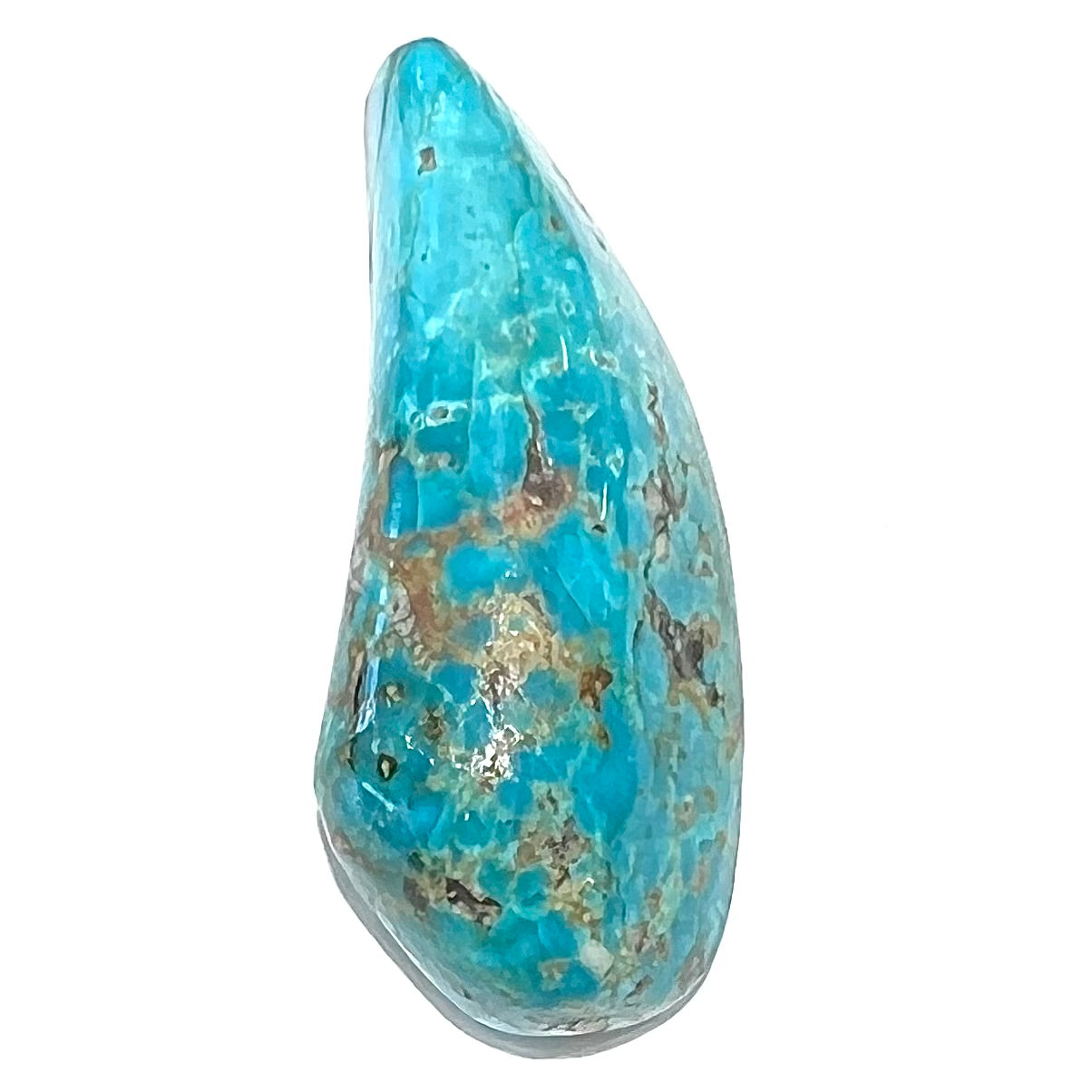 A loose, freeform cabochon cut Kingman turquoise stone from Arizona.  The stone is blue with gray and brown matrix.