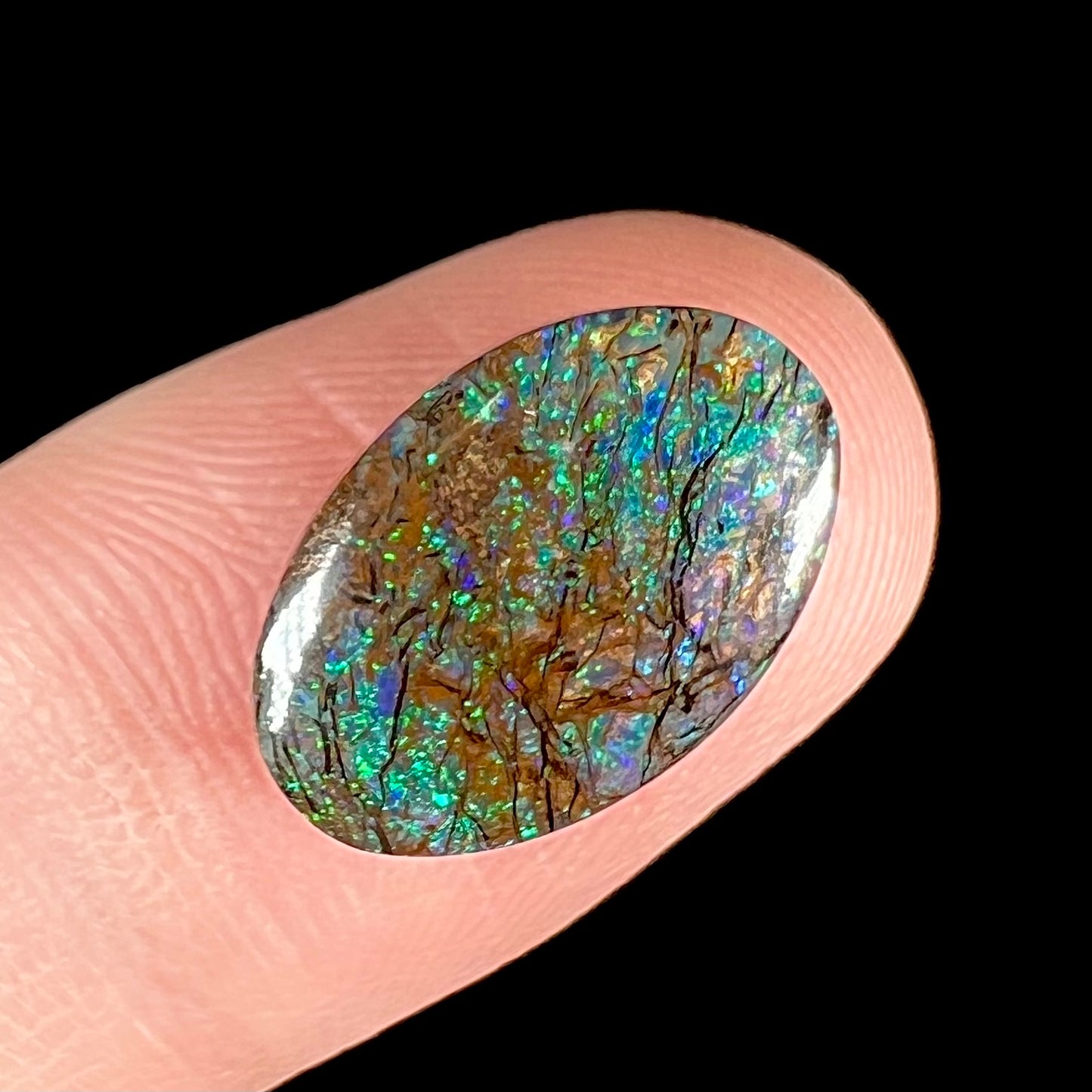 A loose, oval cabochon cut matrix boulder opal stone from Koroit, Australia. The opal shines with green and blue colors.