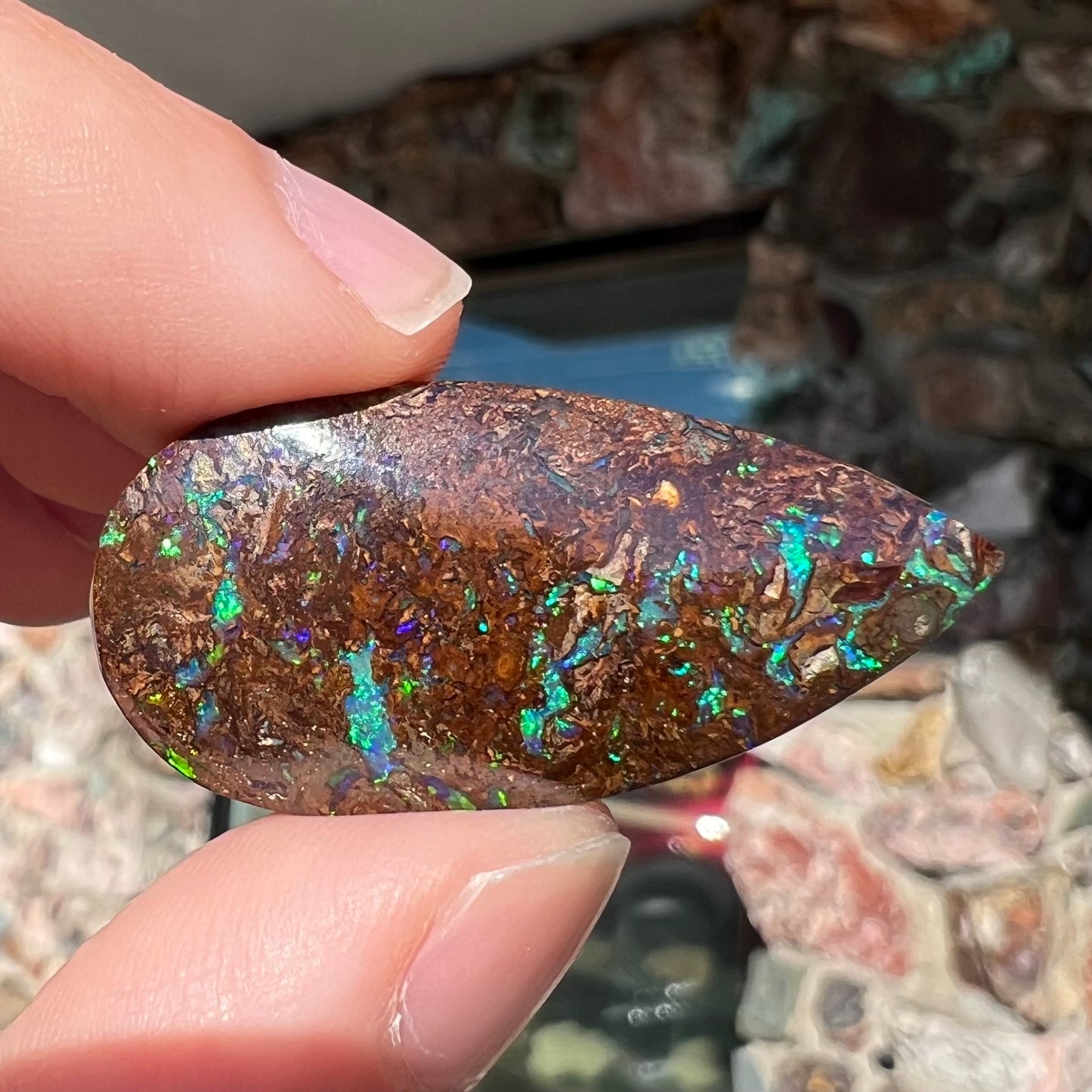 A pear shaped boulder opal stone from Koroit, Australia. The opal has blue and green flashes.