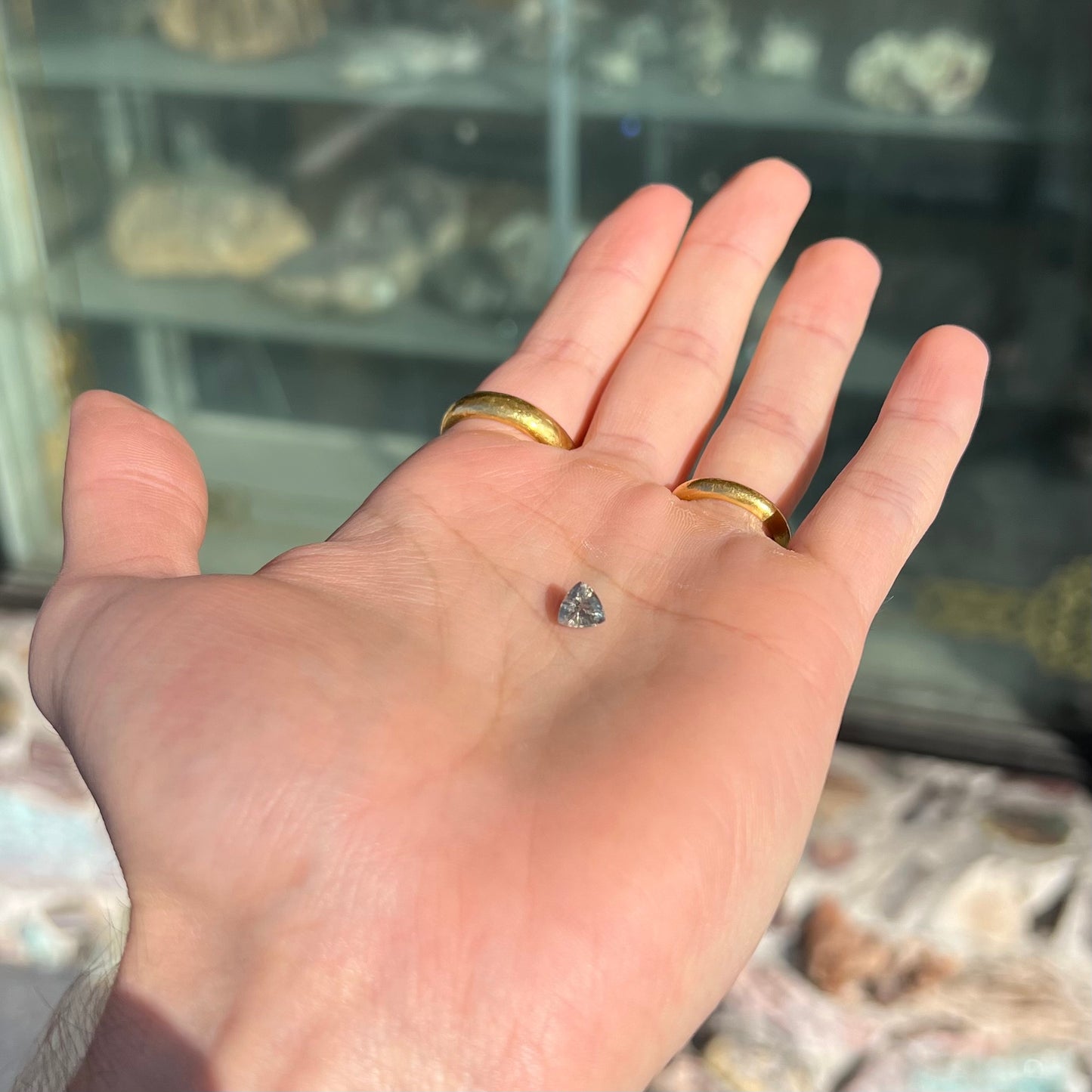 A natural, 1.10 carat, trillion cut alexandrite gemstone. The stone changes colors from dark olive green to faint purplish green.