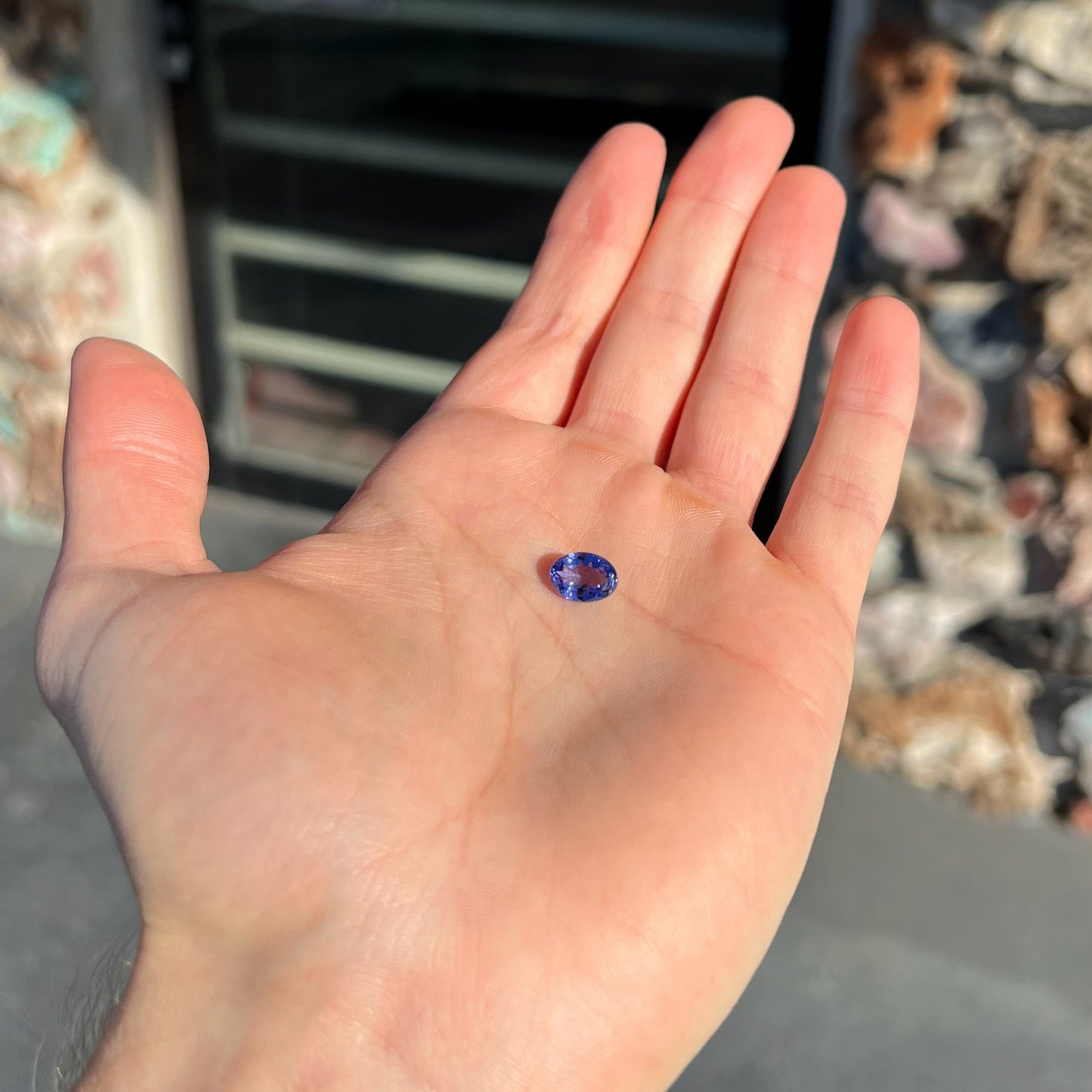 A loose, oval cut tanzanite gemstone.