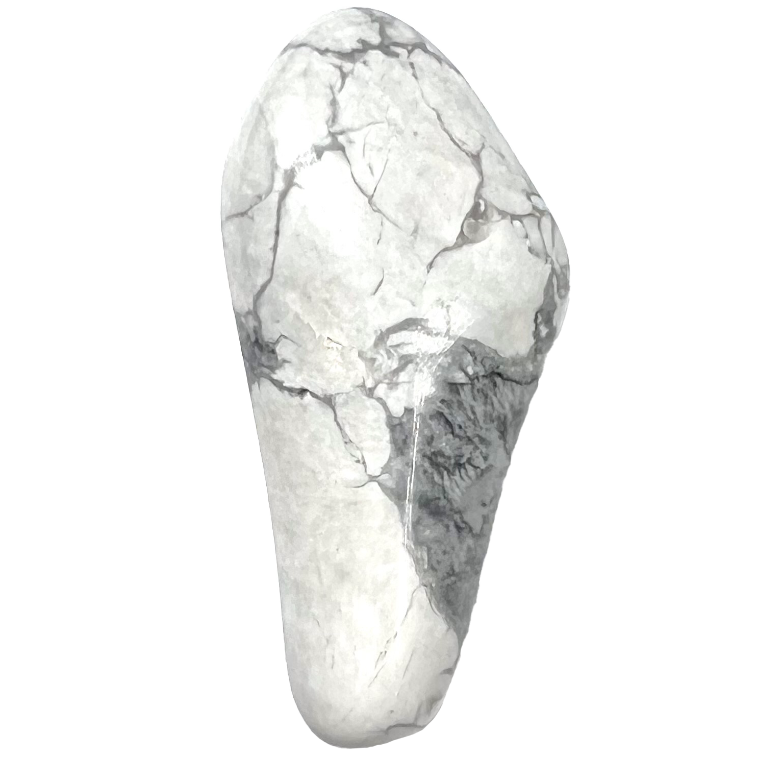 A tumbled magnesite stone.  The stone is white with gray spiderweb matrix.