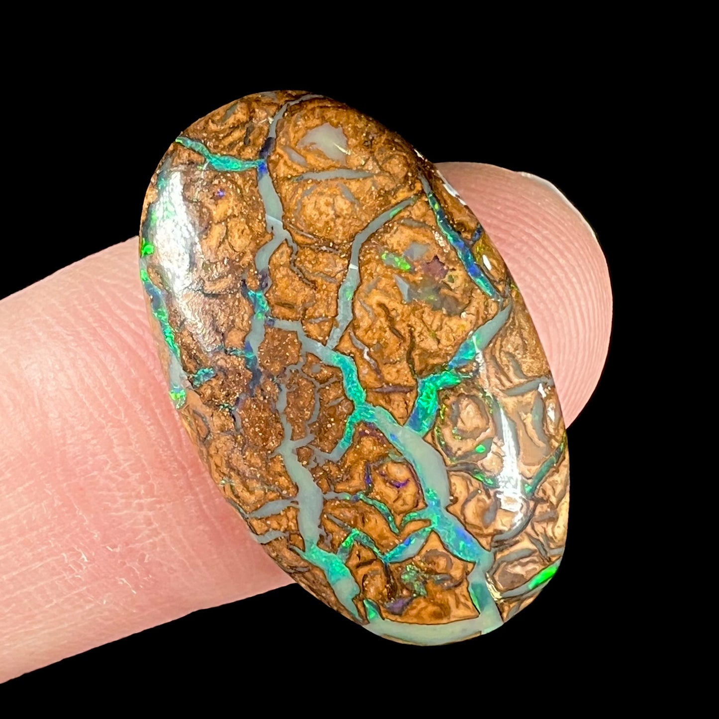 A loose, oval cabochon cut boulder opal from Koroit, Australia. The opal has green flashes and blue veins.