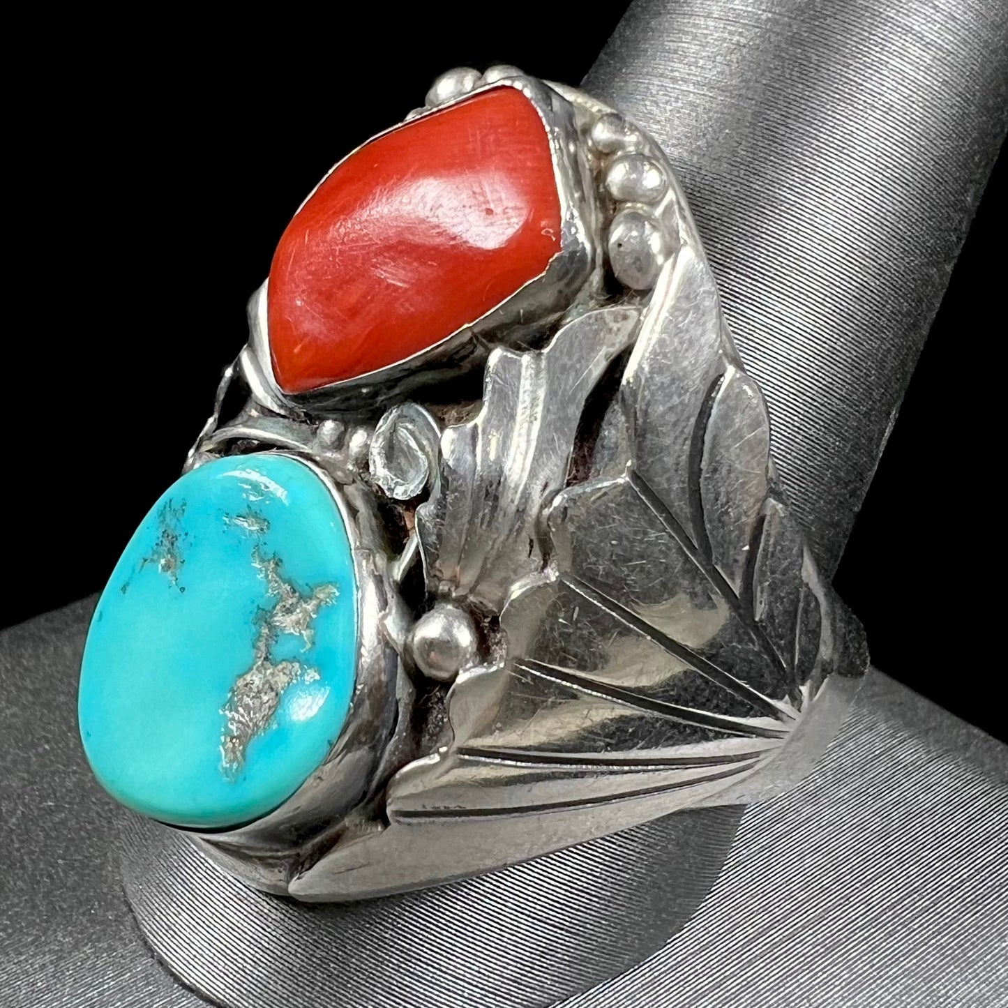 Men's Navajo Turquoise & Coral Ring in Sterling Silver | Vintage c.1960's