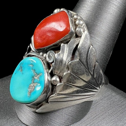 Men's Navajo Turquoise & Coral Ring in Sterling Silver | Vintage c.1960's
