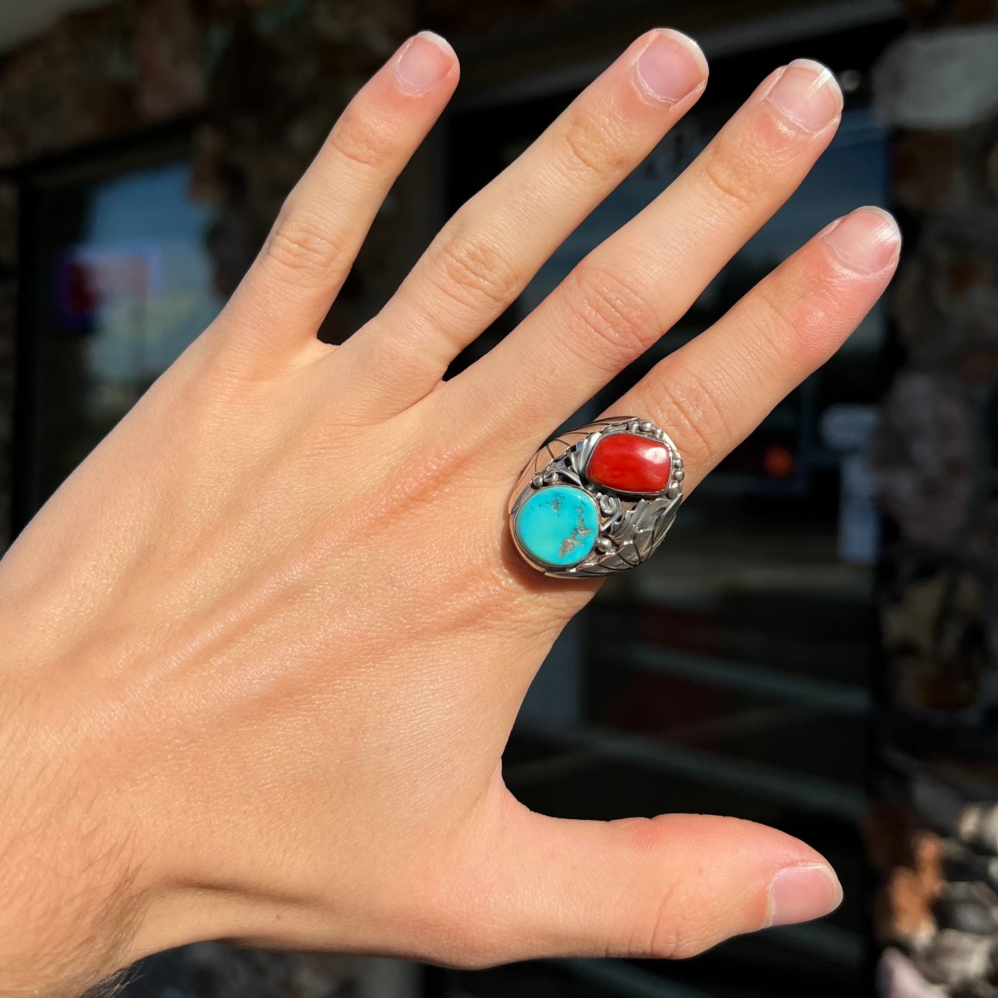 Men's Navajo Turquoise & Coral Ring in Sterling Silver | Vintage c.1960's