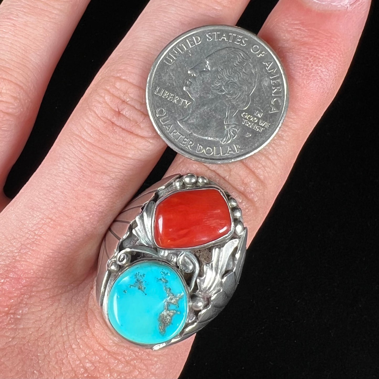 Men's Navajo Turquoise & Coral Ring in Sterling Silver | Vintage c.1960's