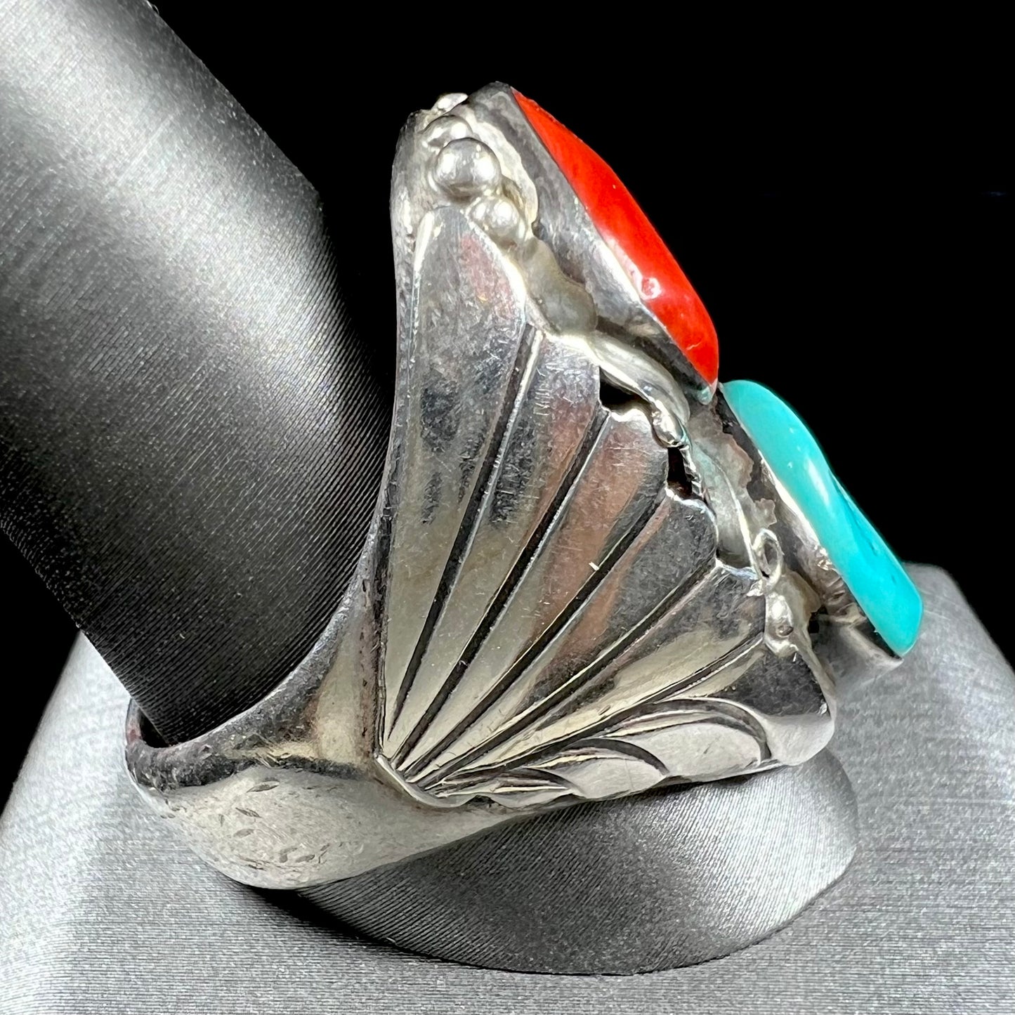 Men's Navajo Turquoise & Coral Ring in Sterling Silver | Vintage c.1960's