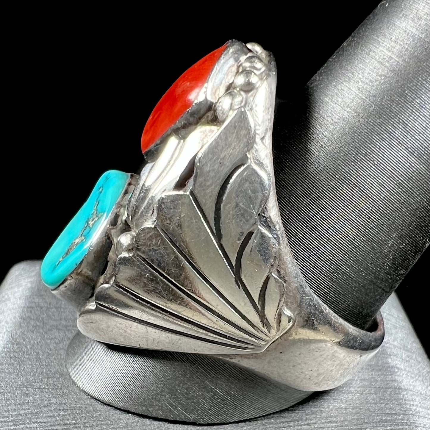 Men's Navajo Turquoise & Coral Ring in Sterling Silver | Vintage c.1960's