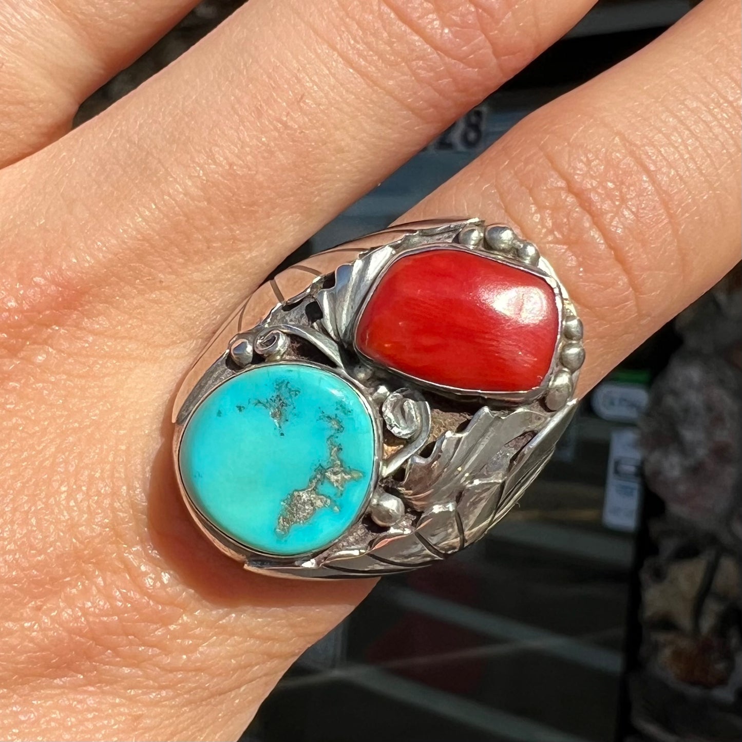 Men's Navajo Turquoise & Coral Ring in Sterling Silver | Vintage c.1960's