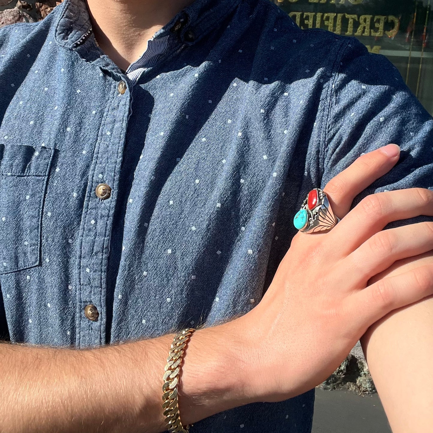 Men's Navajo Turquoise & Coral Ring in Sterling Silver | Vintage c.1960's