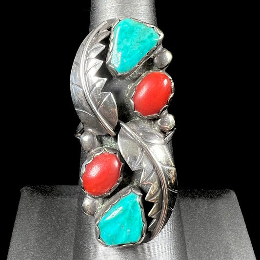 Vintage Hopi Indian turquoise and coral ring handmade in sterling silver by artist Miriam Chuyate.